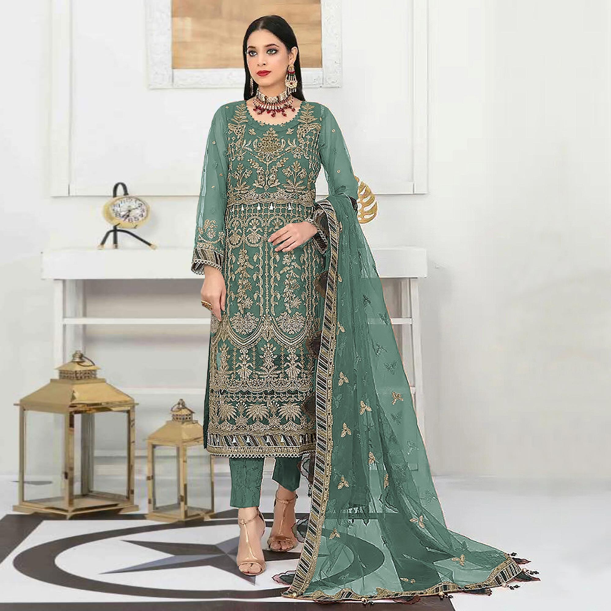 Green Floral Embroidered Net Semi Stitched Pakistani Suit