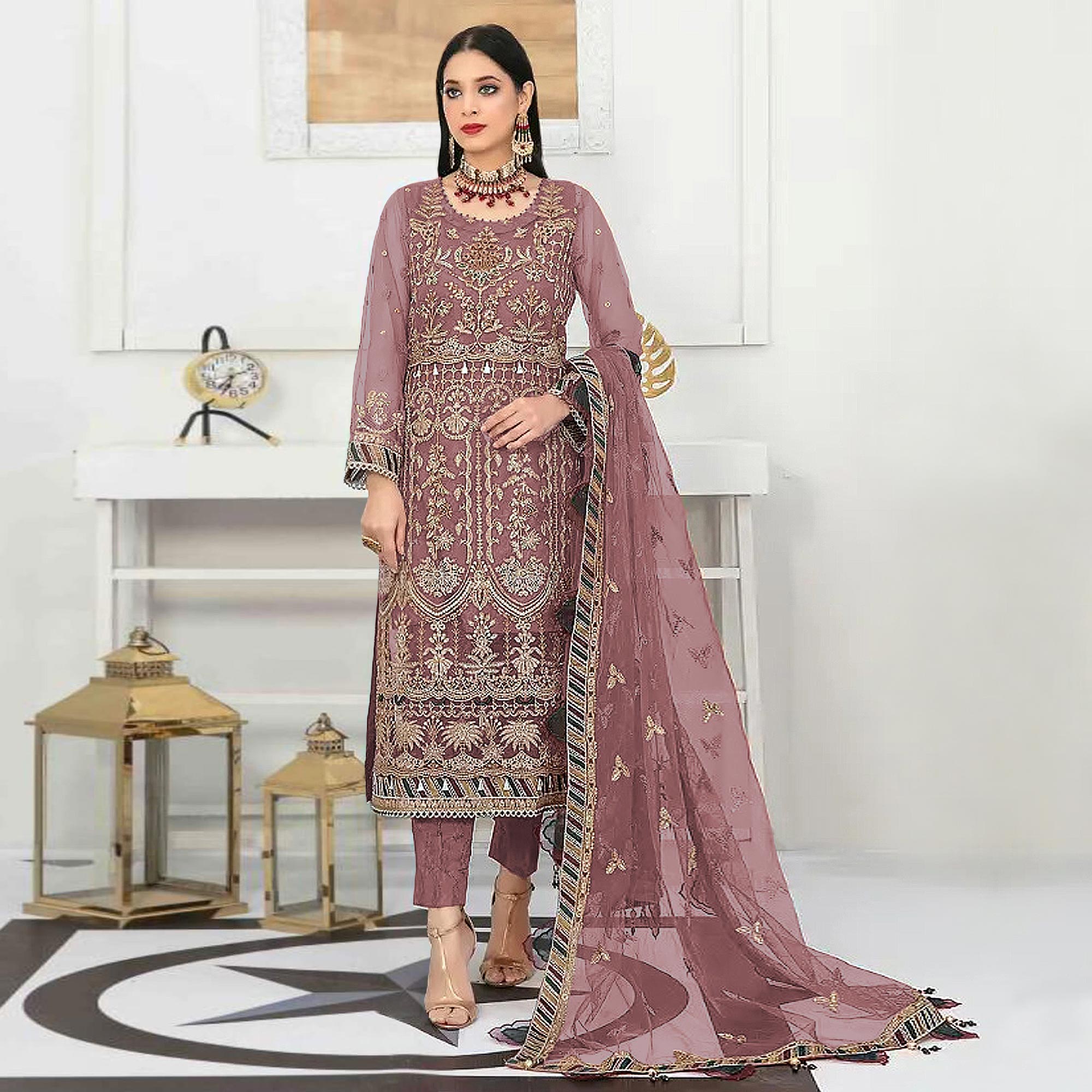 Light Mauve Floral Embroidered Net Semi Stitched Pakistani Suit