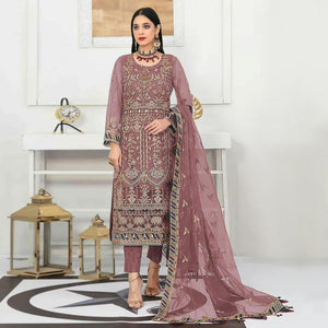 Light Mauve Floral Embroidered Net Semi Stitched Pakistani Suit