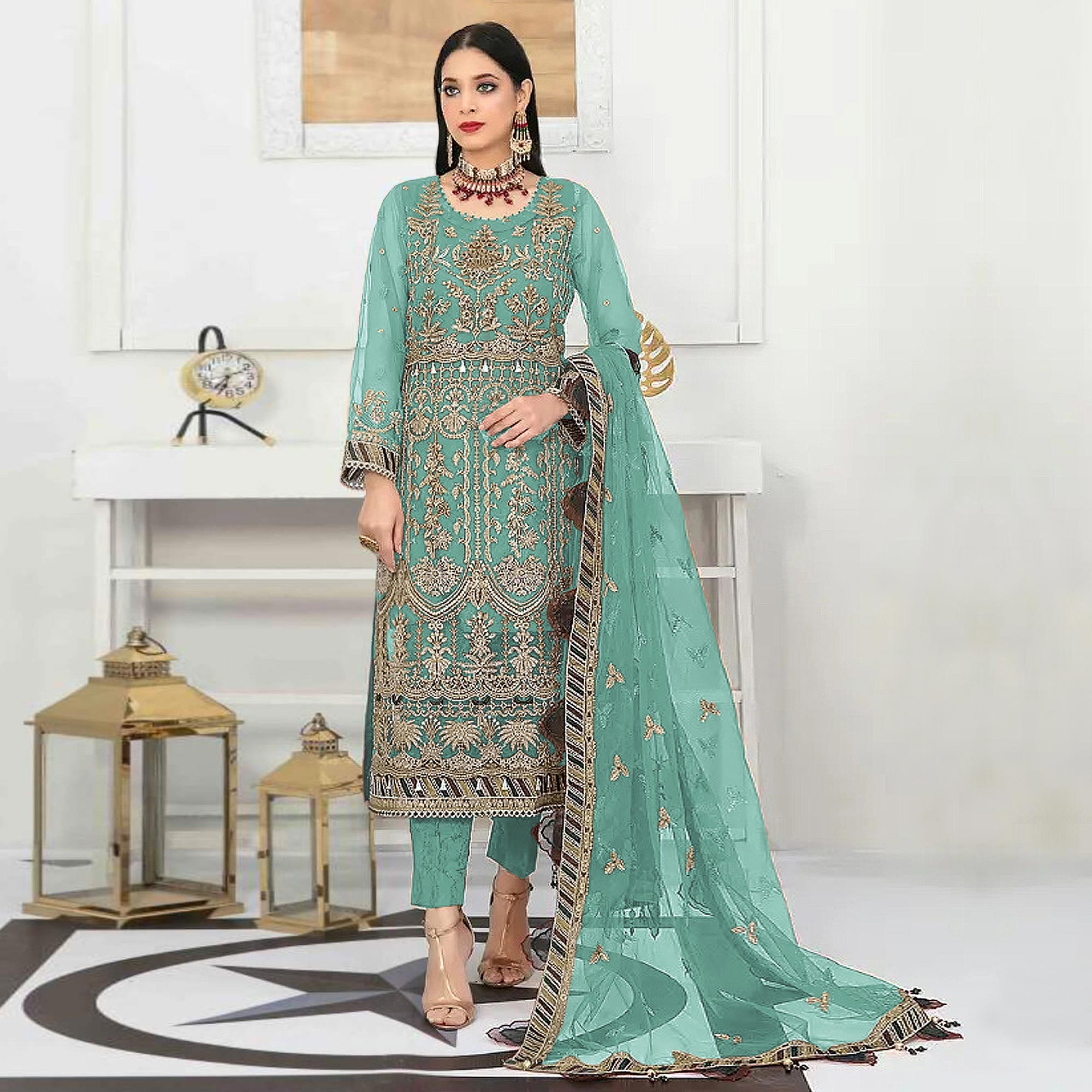 Turquoise Floral Embroidered Net Semi Stitched Pakistani Suit