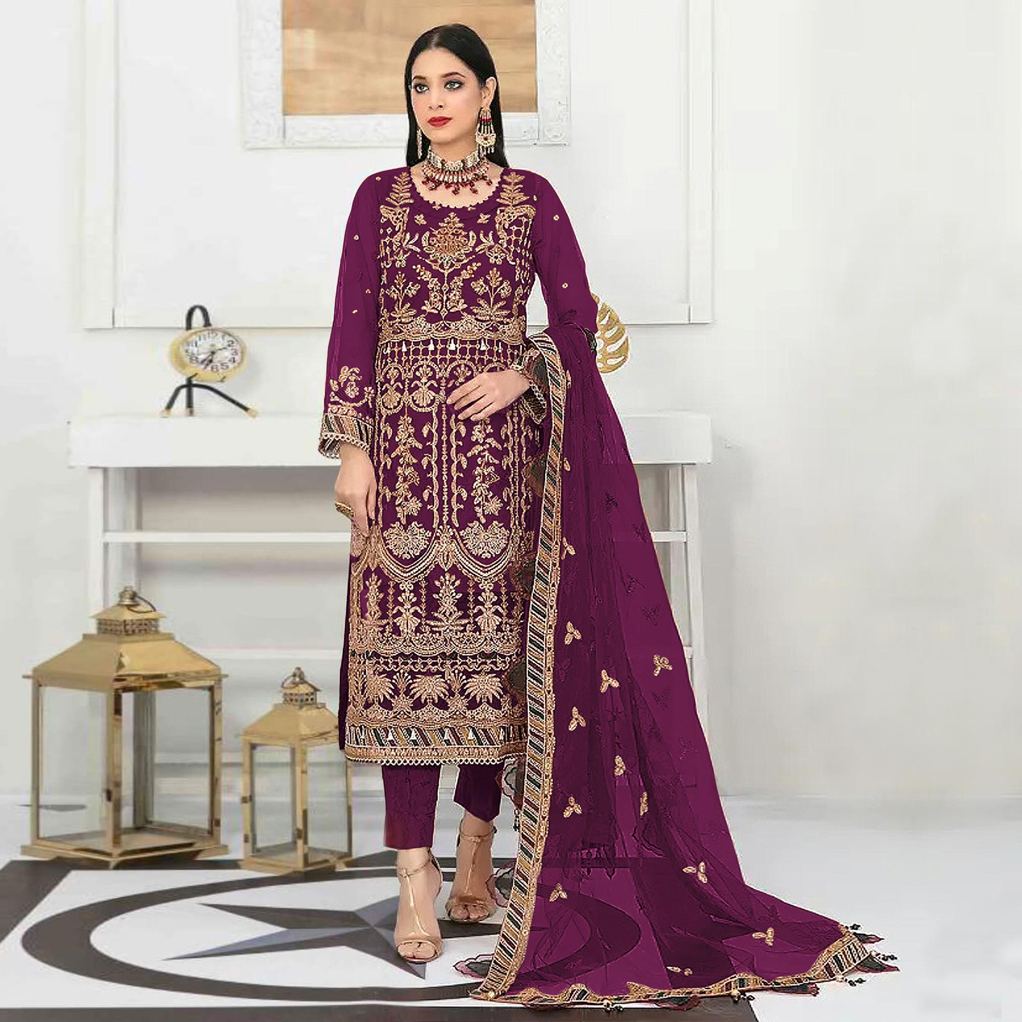 Purple Floral Embroidered Net Semi Stitched Pakistani Suit