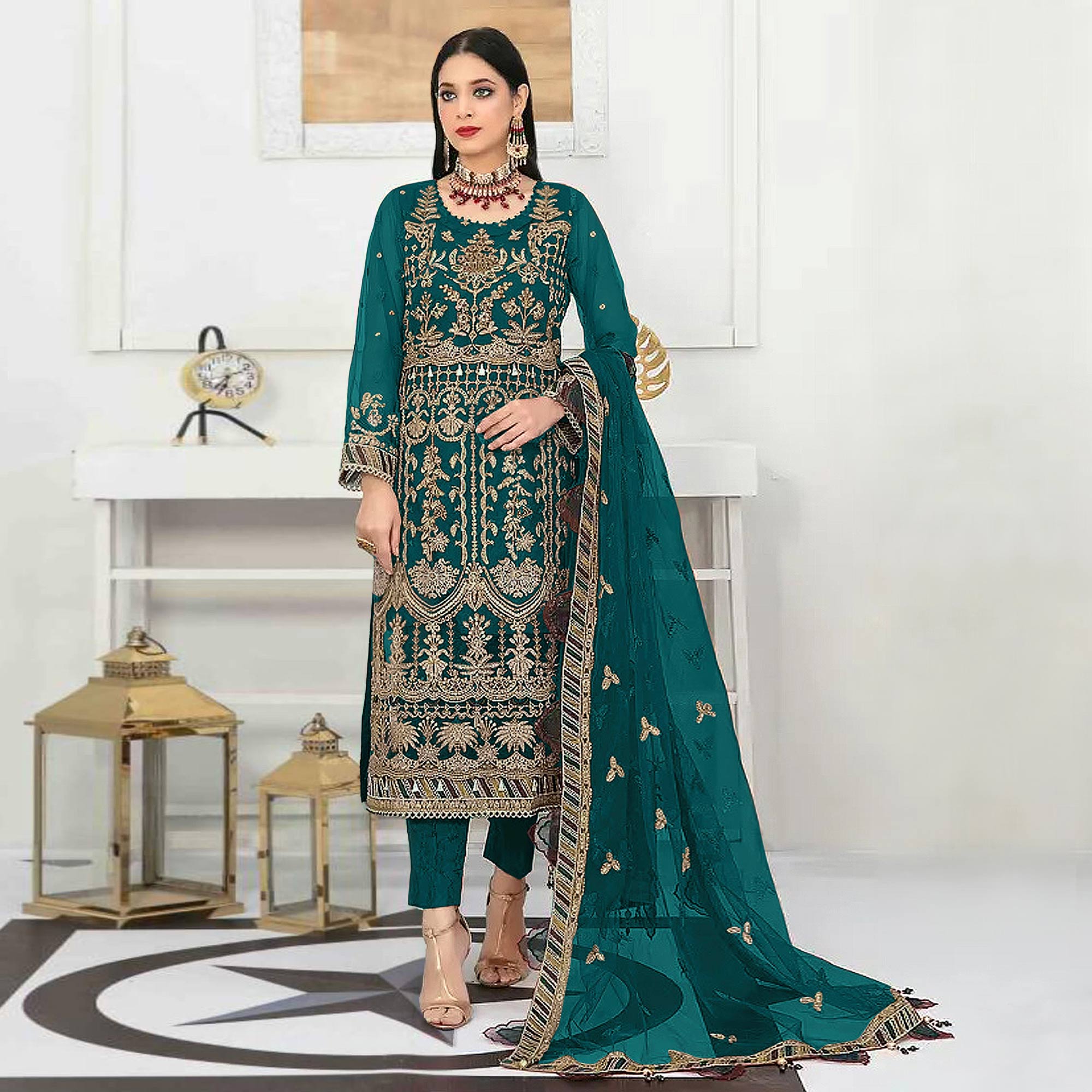 Teal Floral Embroidered Net Semi Stitched Pakistani Suit