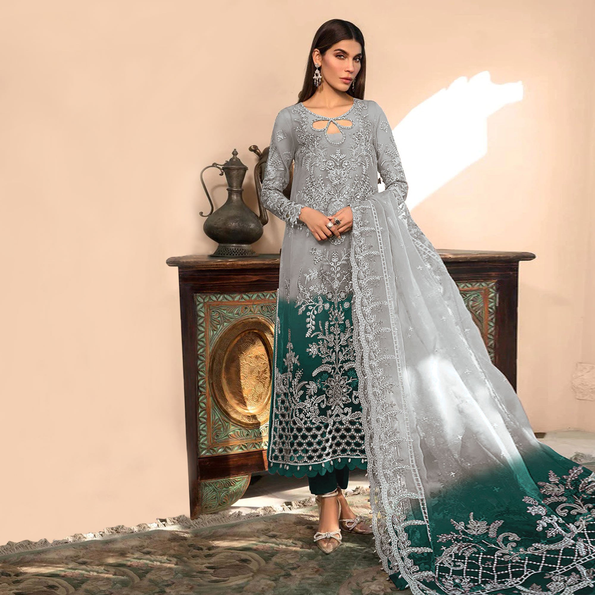 Grey & Green Floral Embroidered Organza Semi Stitched Pakistani Suit