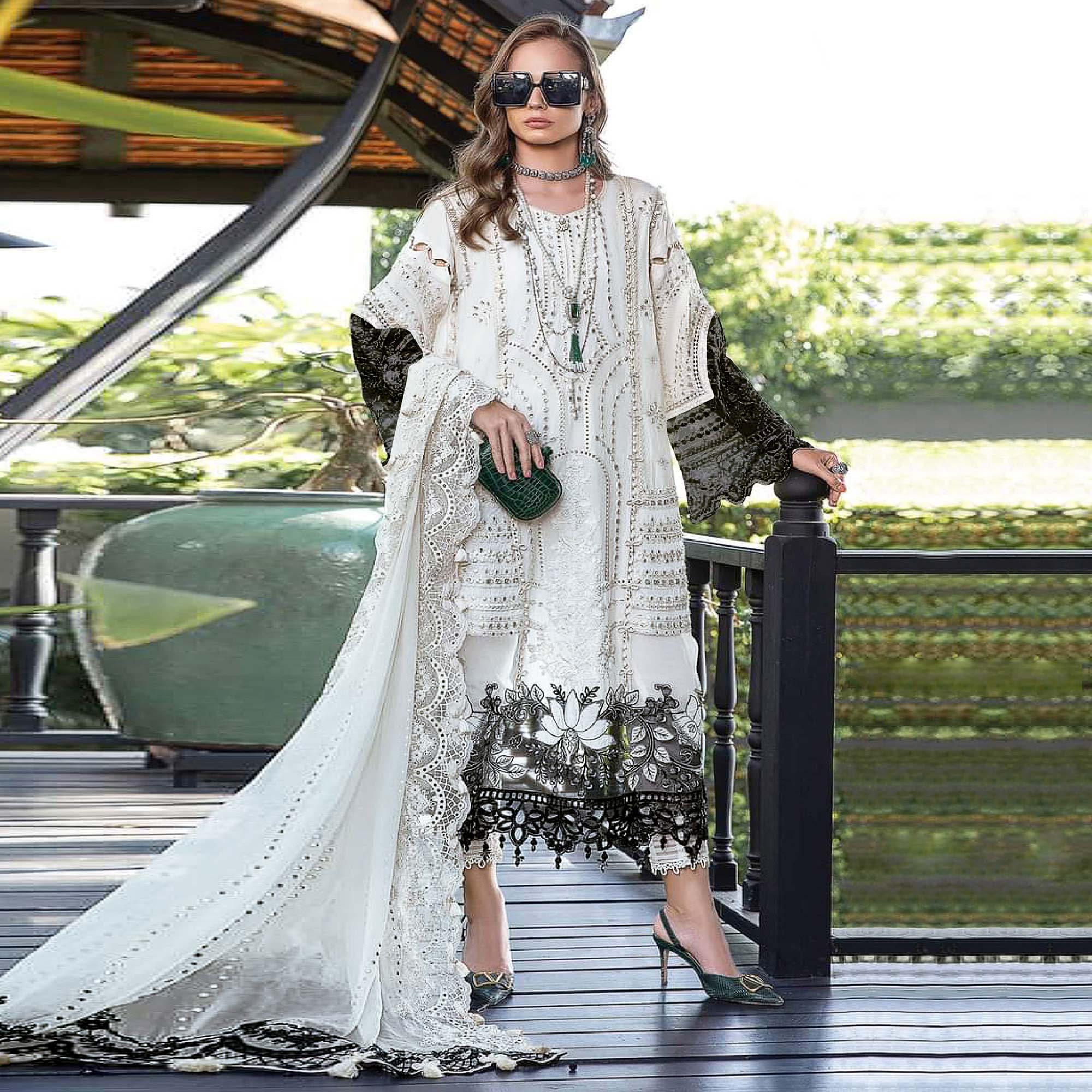 Cream Floral Embroidered Georgette Semi Stitched Pakistani Suit