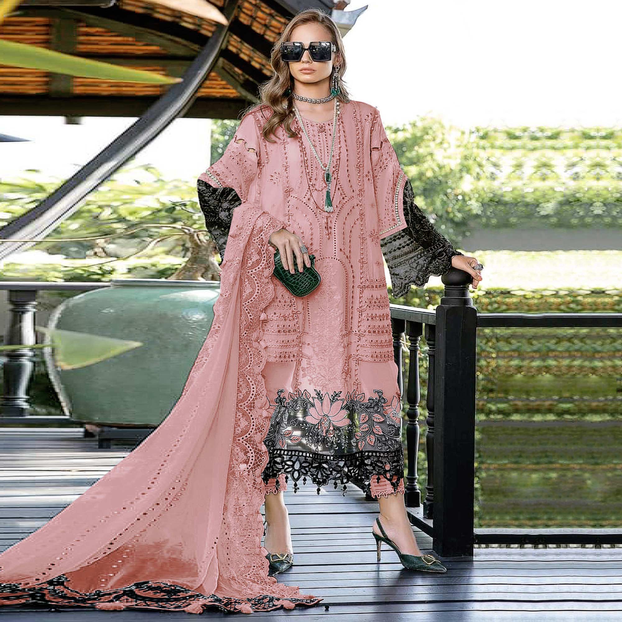 Pink Floral Embroidered Georgette Semi Stitched Pakistani Suit