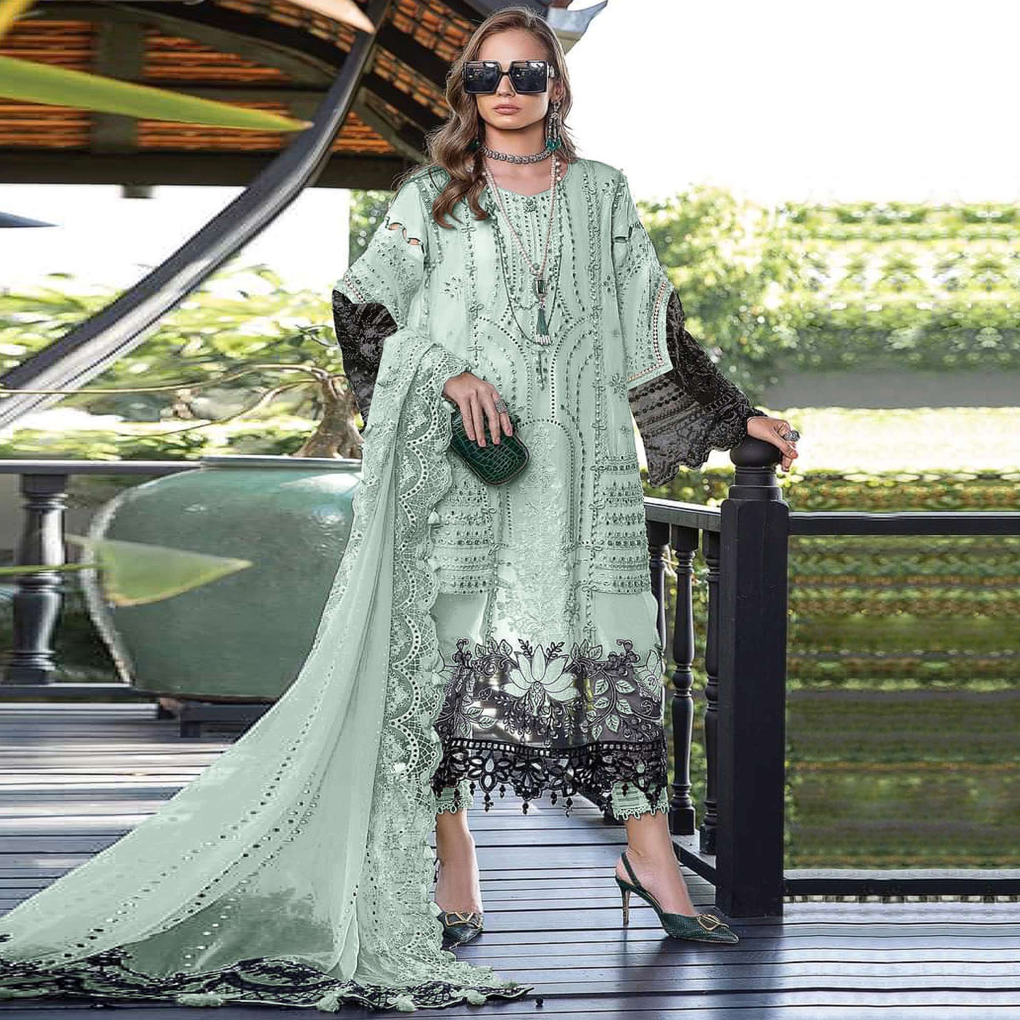 Green Floral Embroidered Georgette Semi Stitched Pakistani Suit