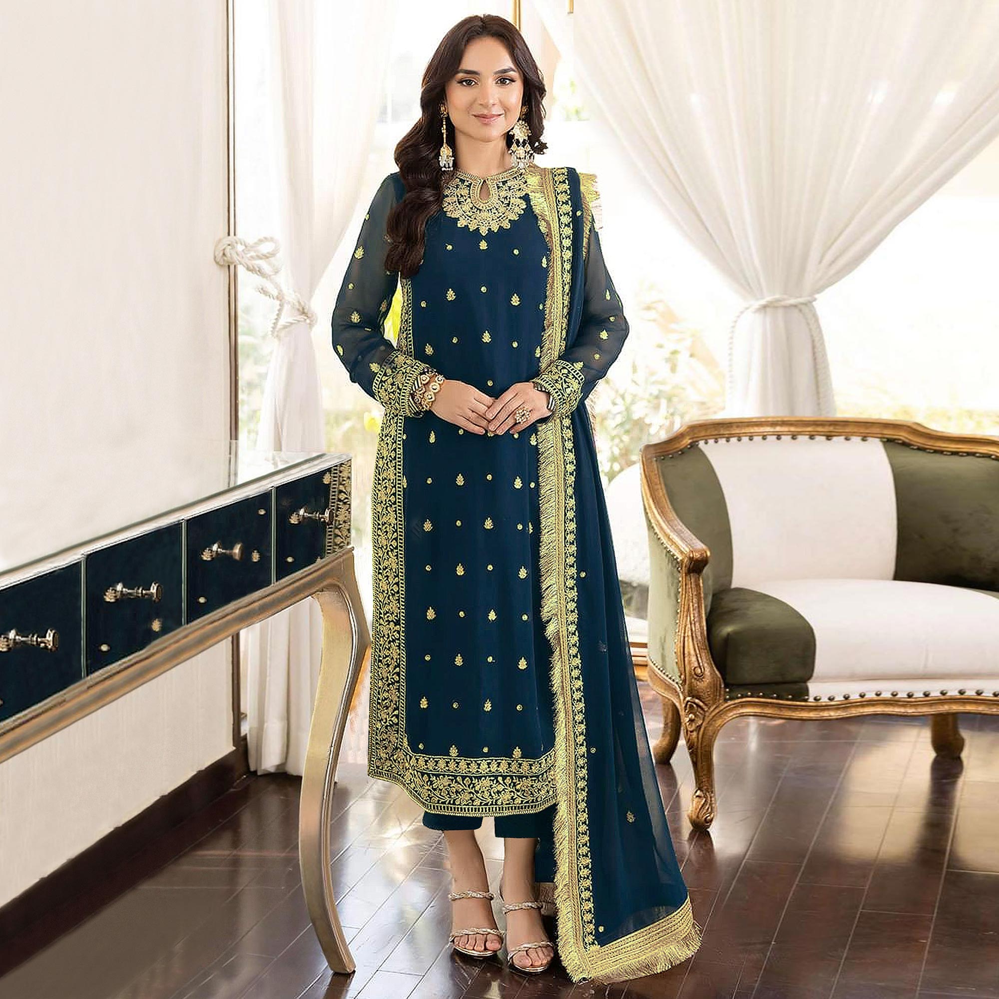 Blue Floral Embroidered Georgette Semi Stitched Pakistani Suit