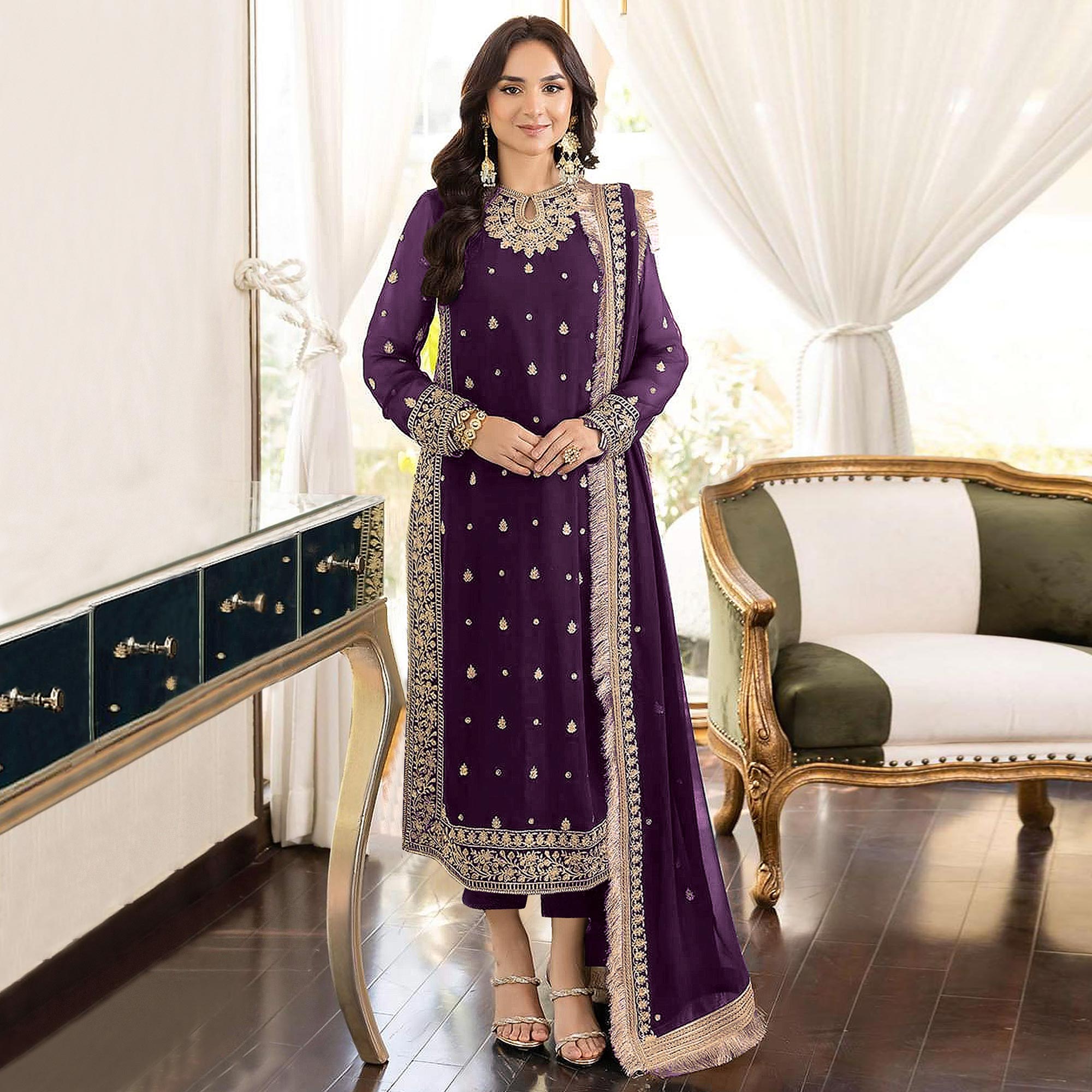 Purple Floral Embroidered Georgette Semi Stitched Pakistani Suit