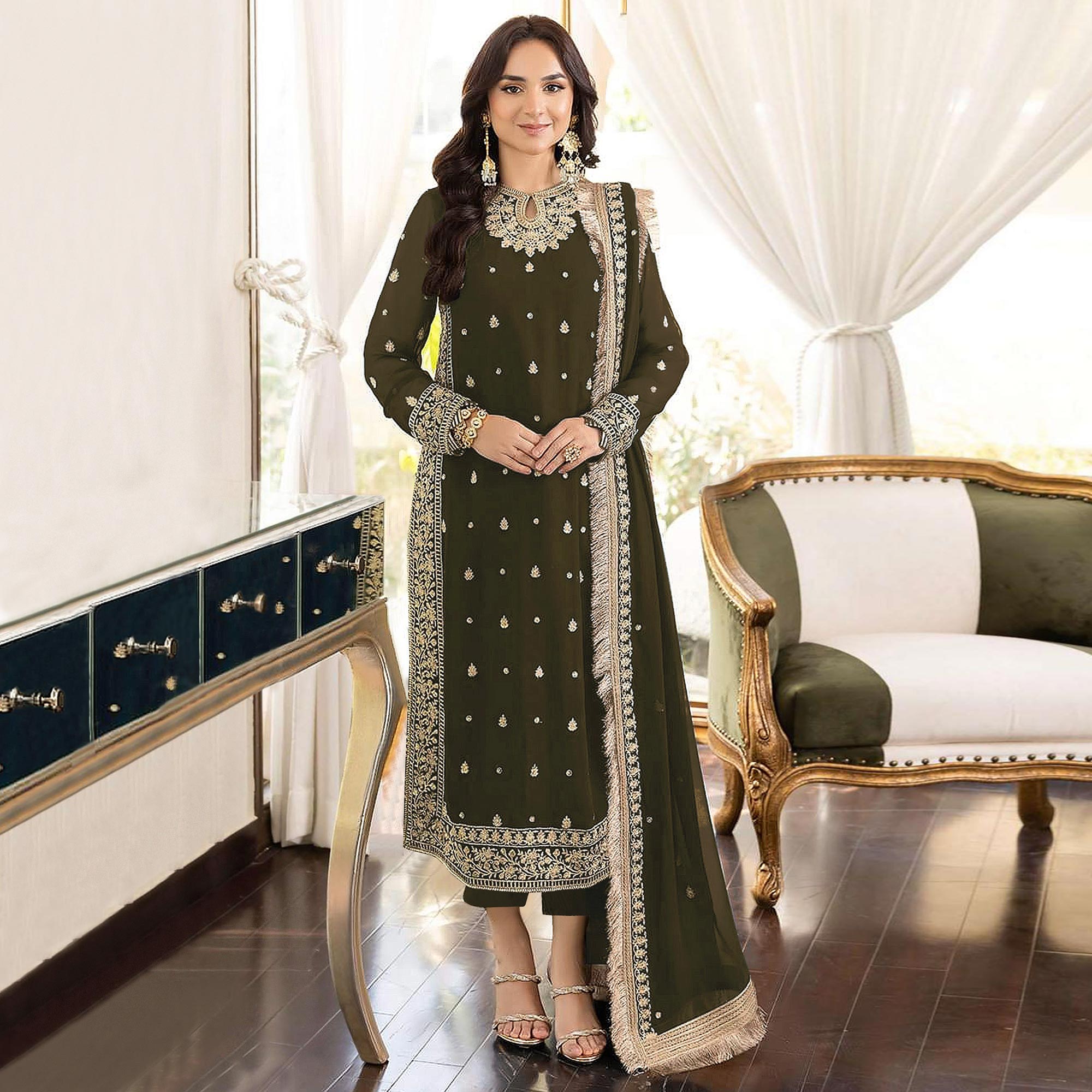 Mehendi Green Floral Embroidered Georgette Semi Stitched Pakistani Suit