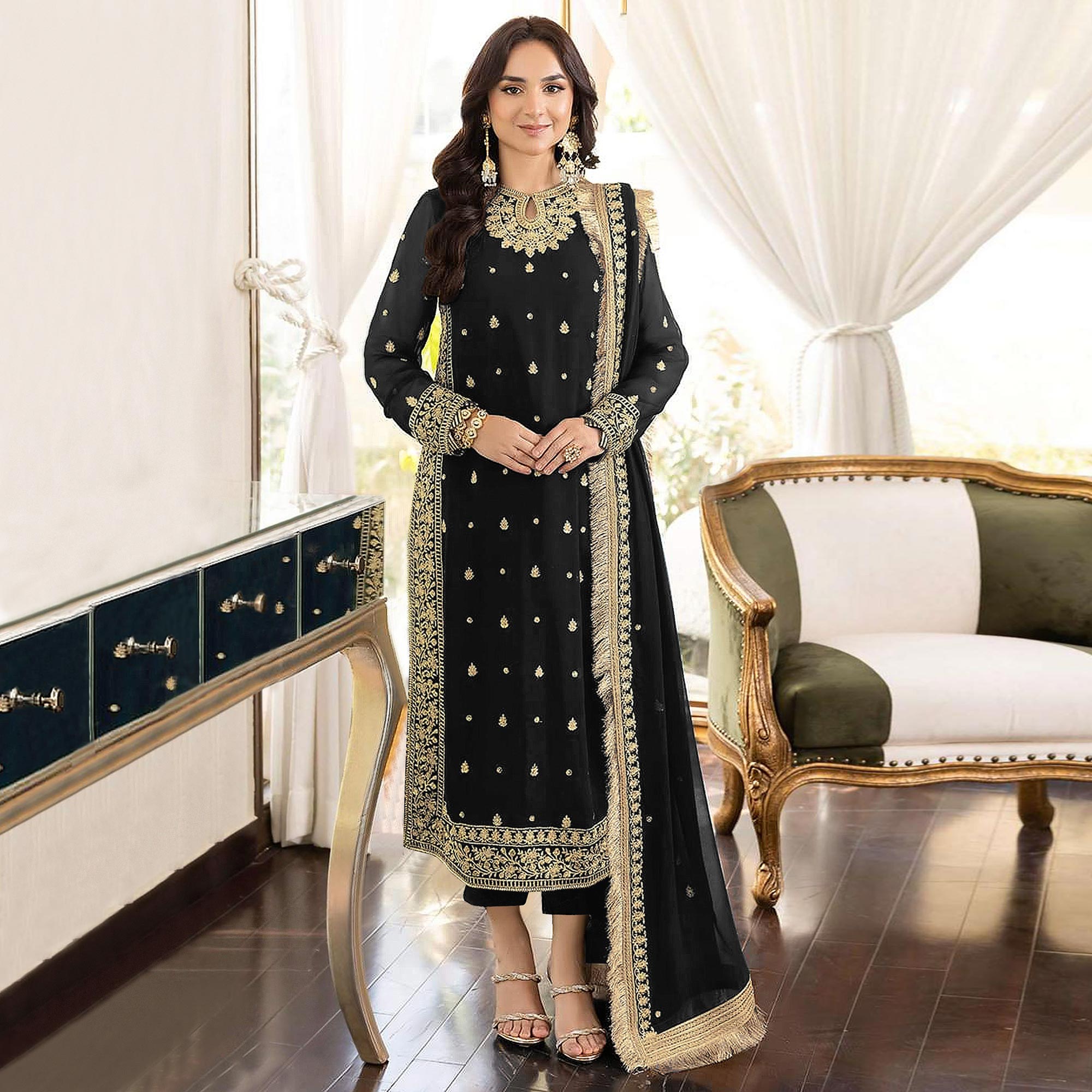 Black Floral Embroidered Georgette Semi Stitched Pakistani Suit