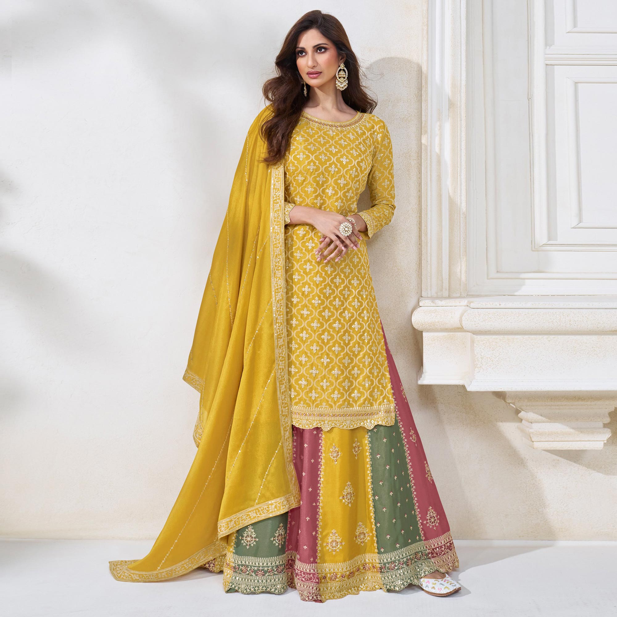 Yellow Embroidered Chinon Semi Stitched Sharara Suit