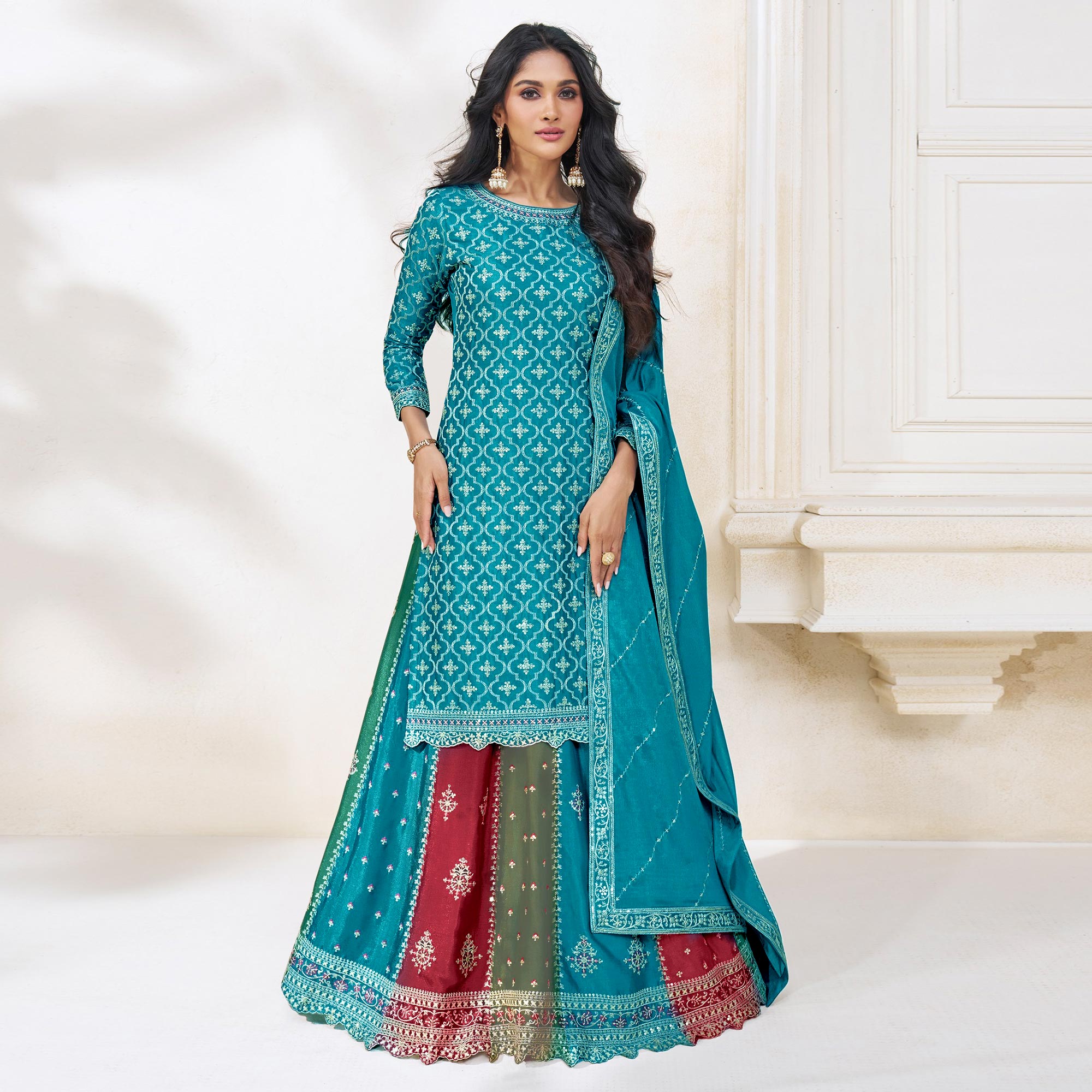 Blue Embroidered Chinon Semi Stitched Sharara Suit