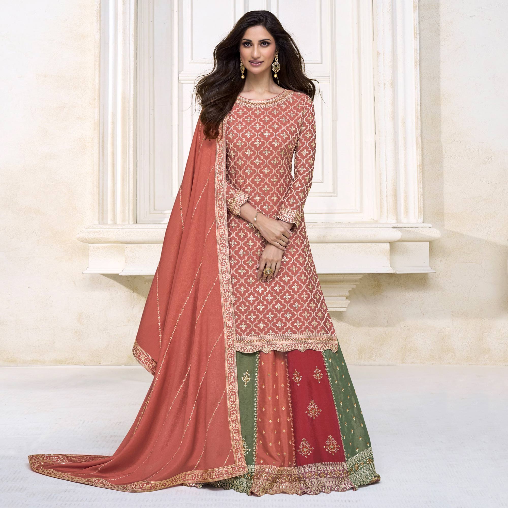 Peach Embroidered Chinon Semi Stitched Sharara Suit