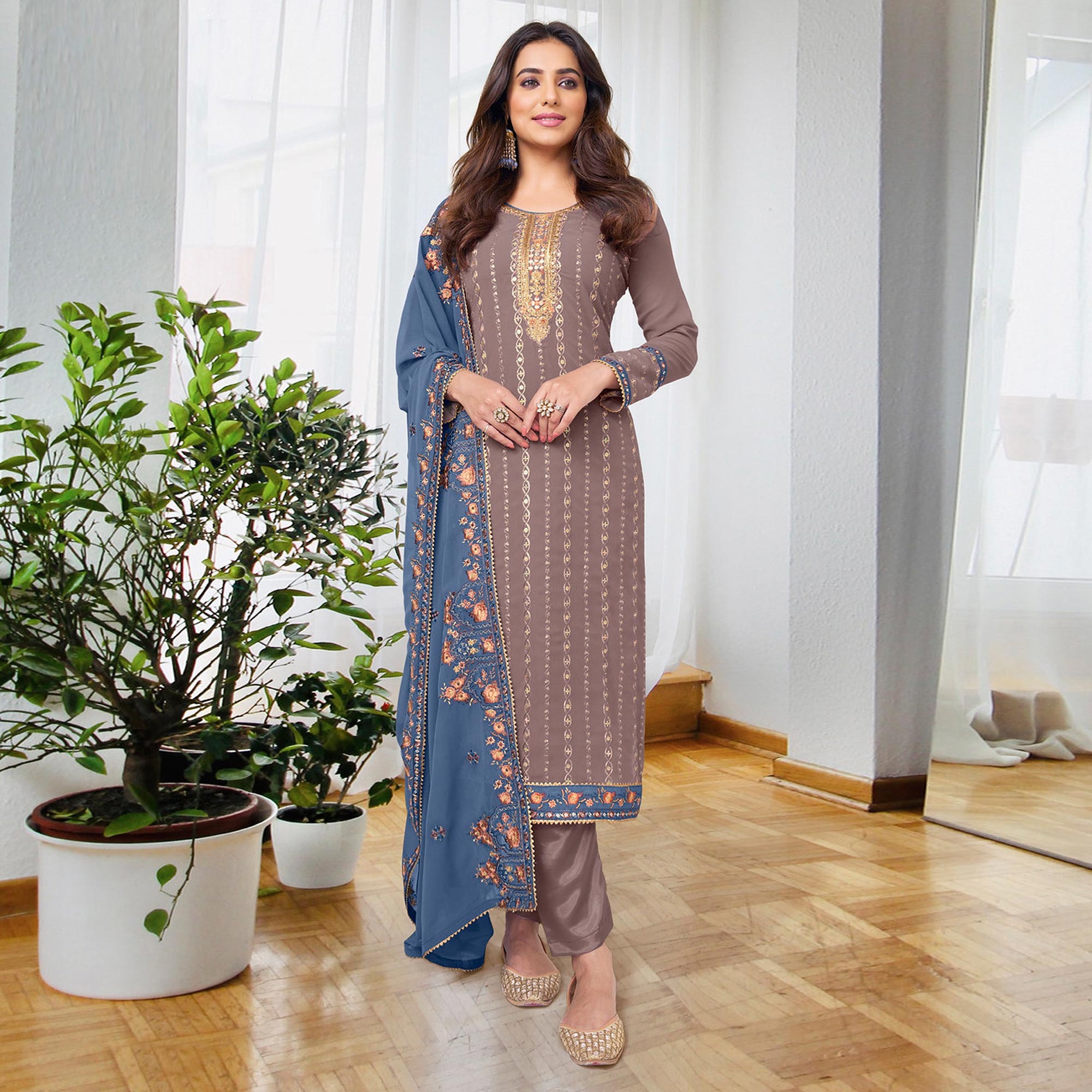 Brown Embroidered Georgette Semi Stitched Salwar Suit