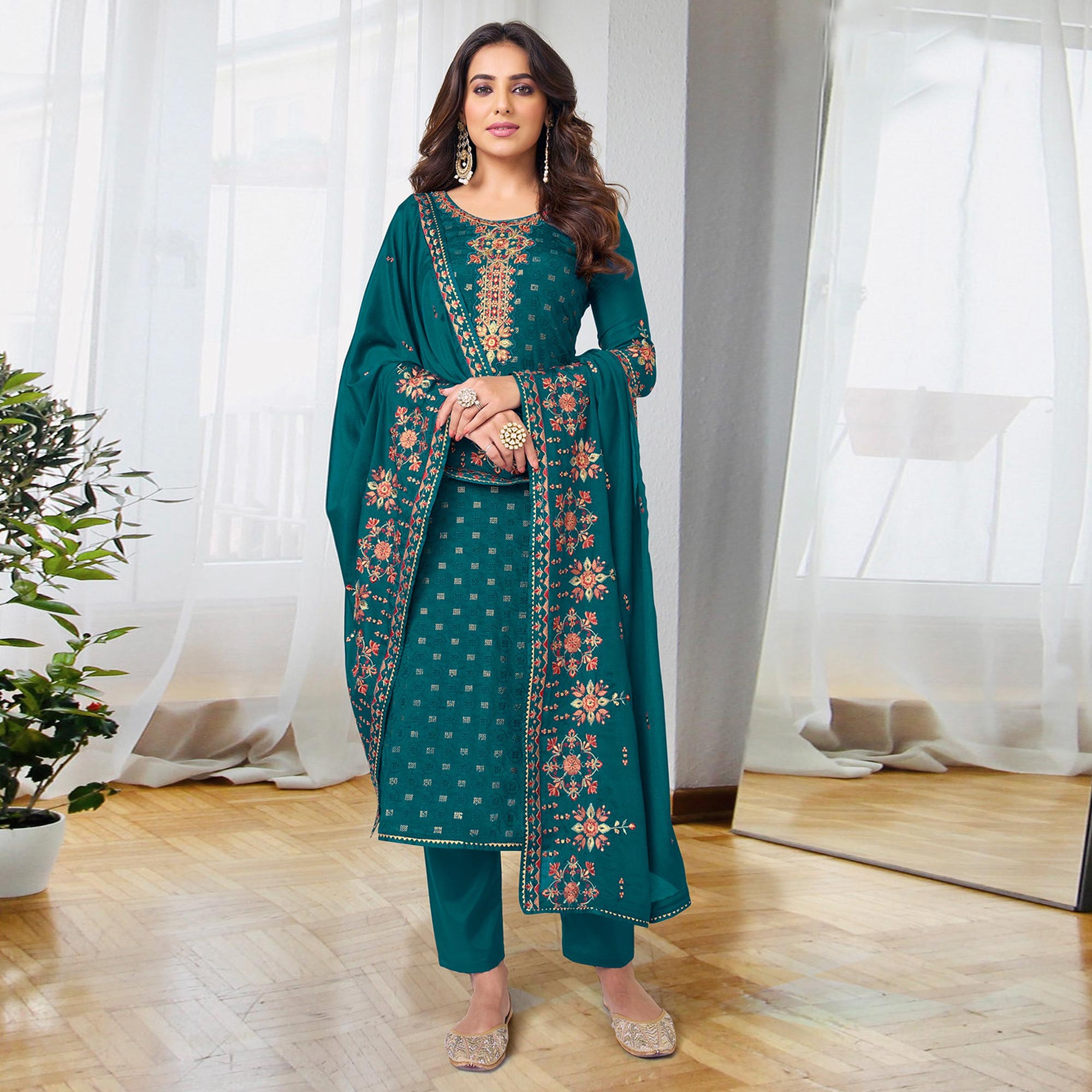 Teal Embroidered Georgette Semi Stitched Salwar Suit