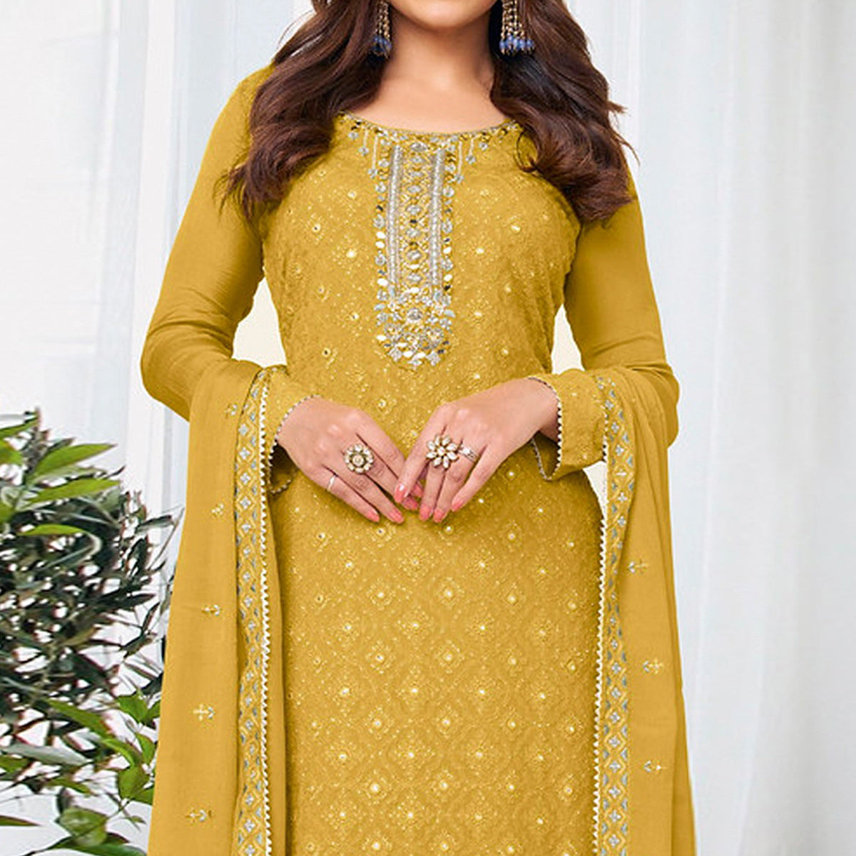 Mustard Embroidered Georgette Semi Stitched Salwar Suit