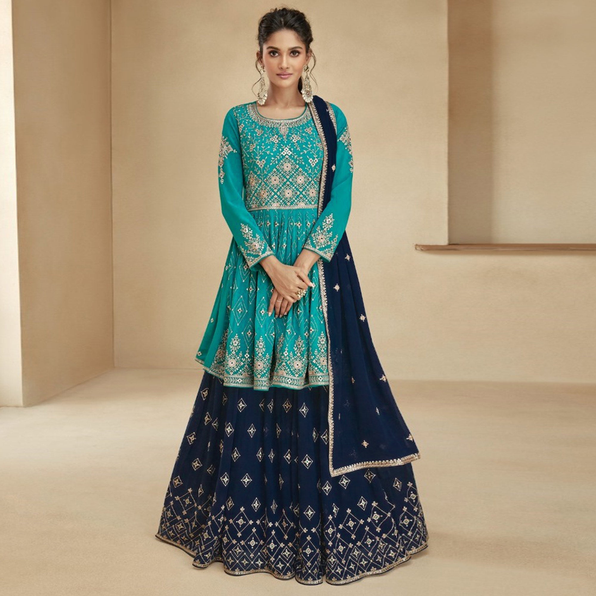 Rama Blue & Navy Blue Embroidered Georgette Semi Stitched Sharara Suit