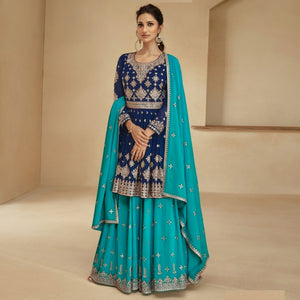 Navy Blue & Rama Green Embroidered Georgette Semi Stitched Sharara Suit