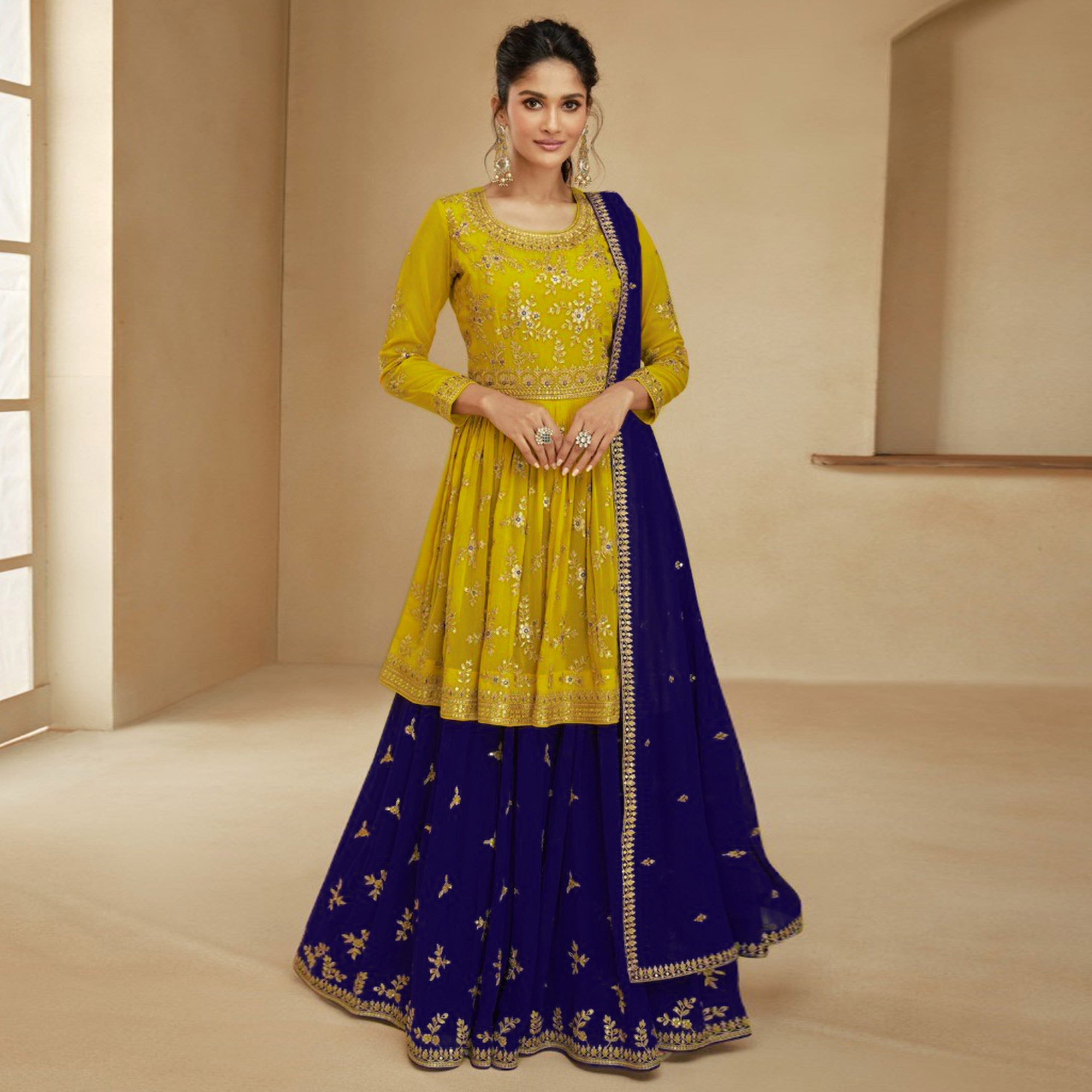 Yellow & Purple Embroidered Georgette Semi Stitched Sharara Suit