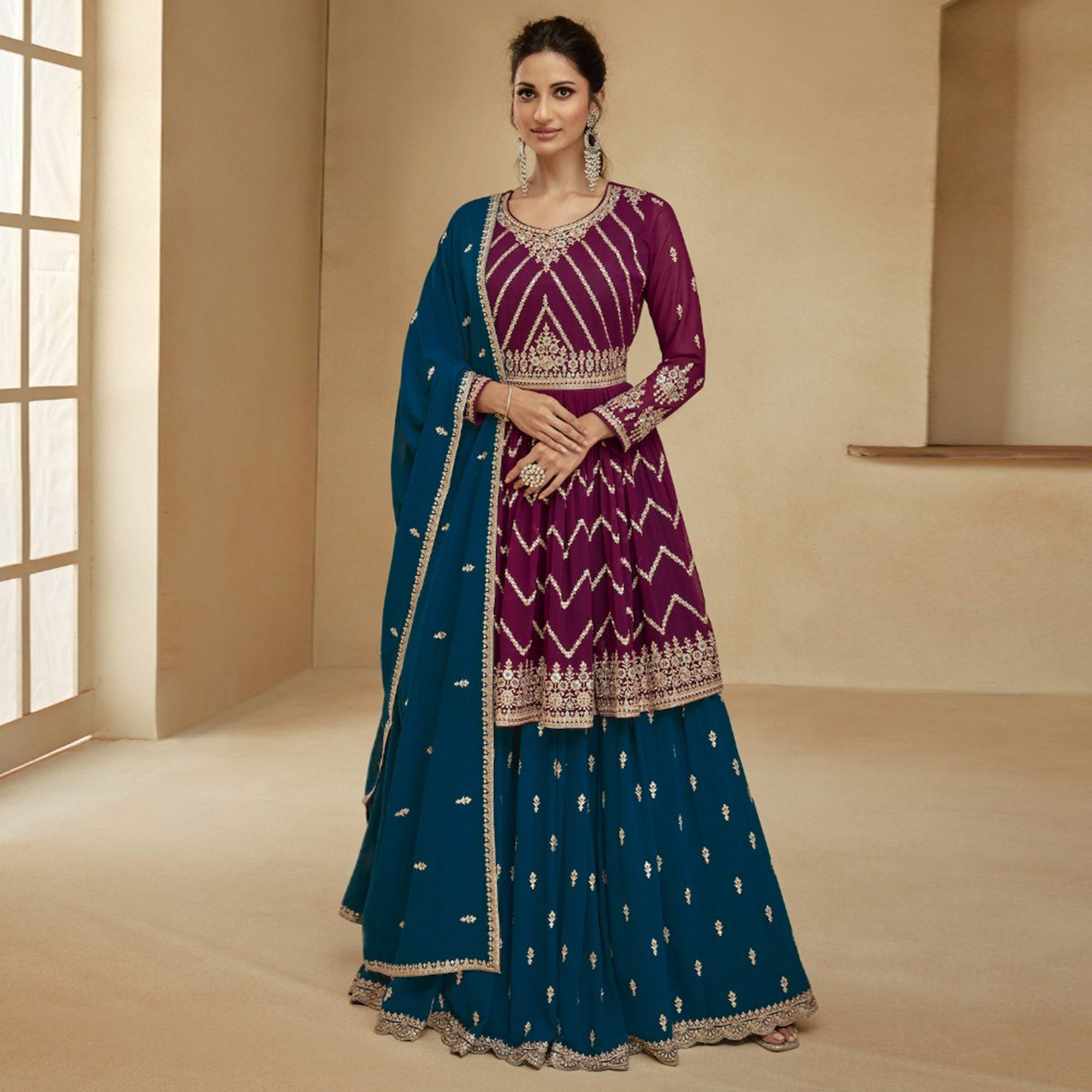 Burgundy & Teal Blue Embroidered Georgette Semi Stitched Sharara Suit