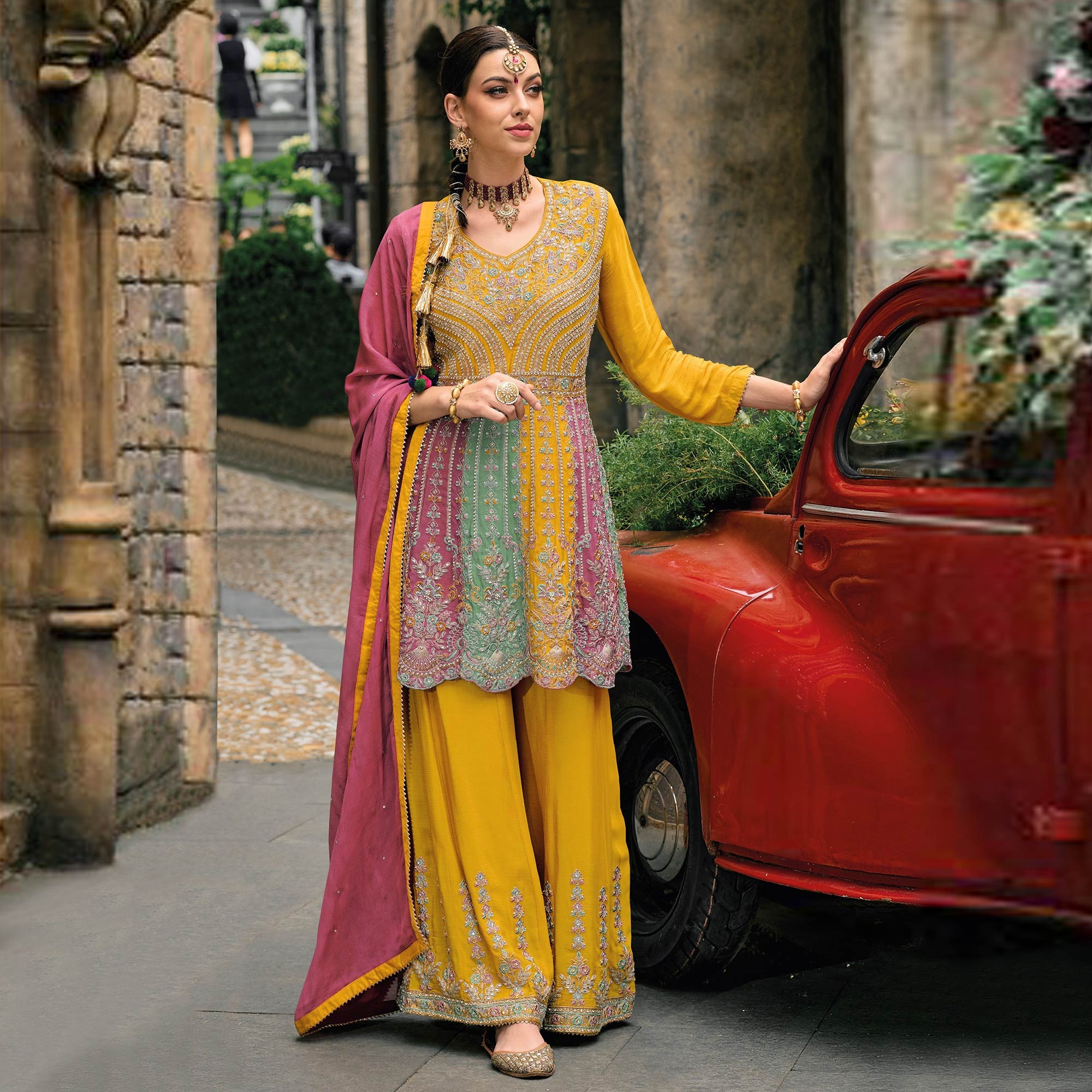 Yellow Embroidered Chinon Semi Stitched Sharara Suit