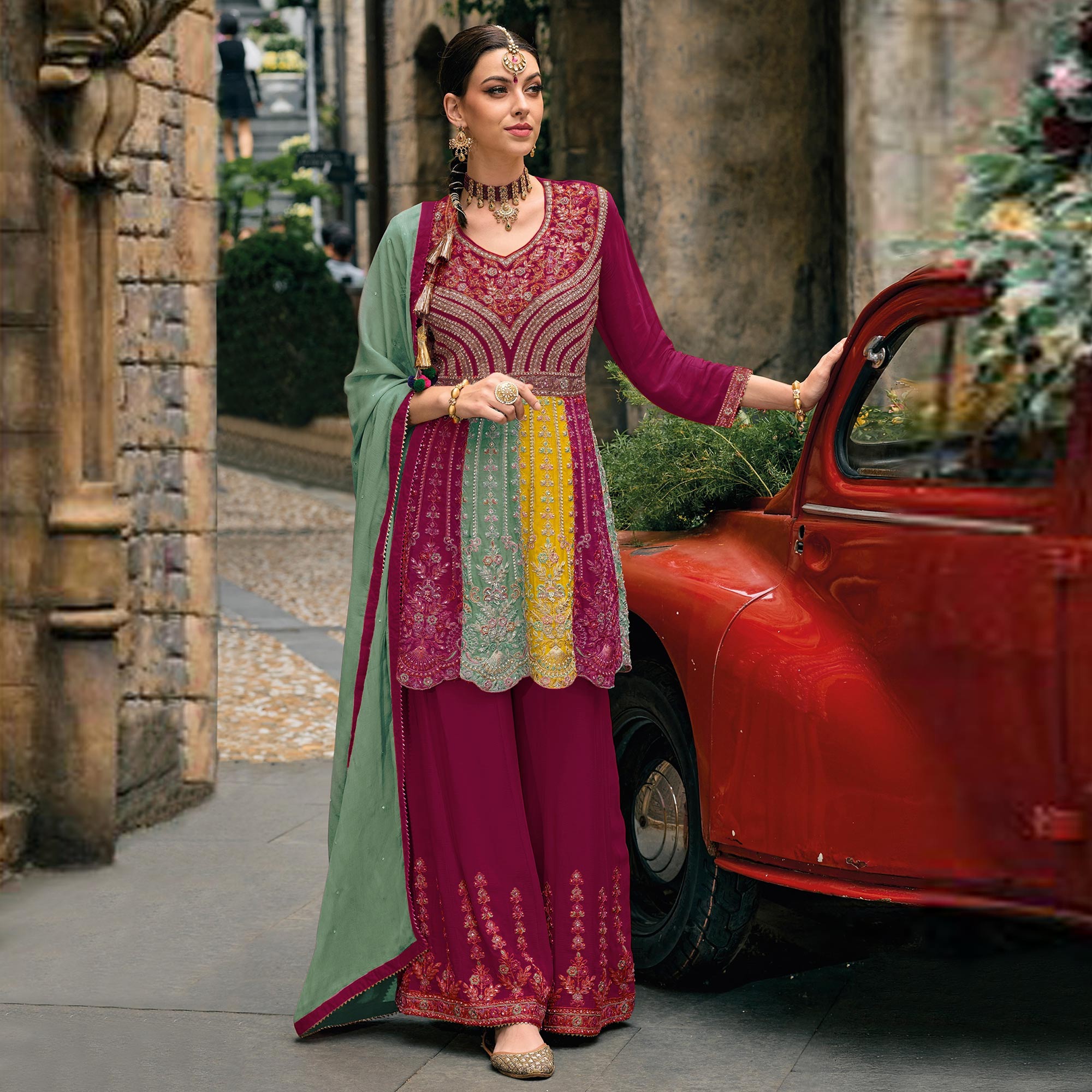 Pink Embroidered Chinon Semi Stitched Sharara Suit
