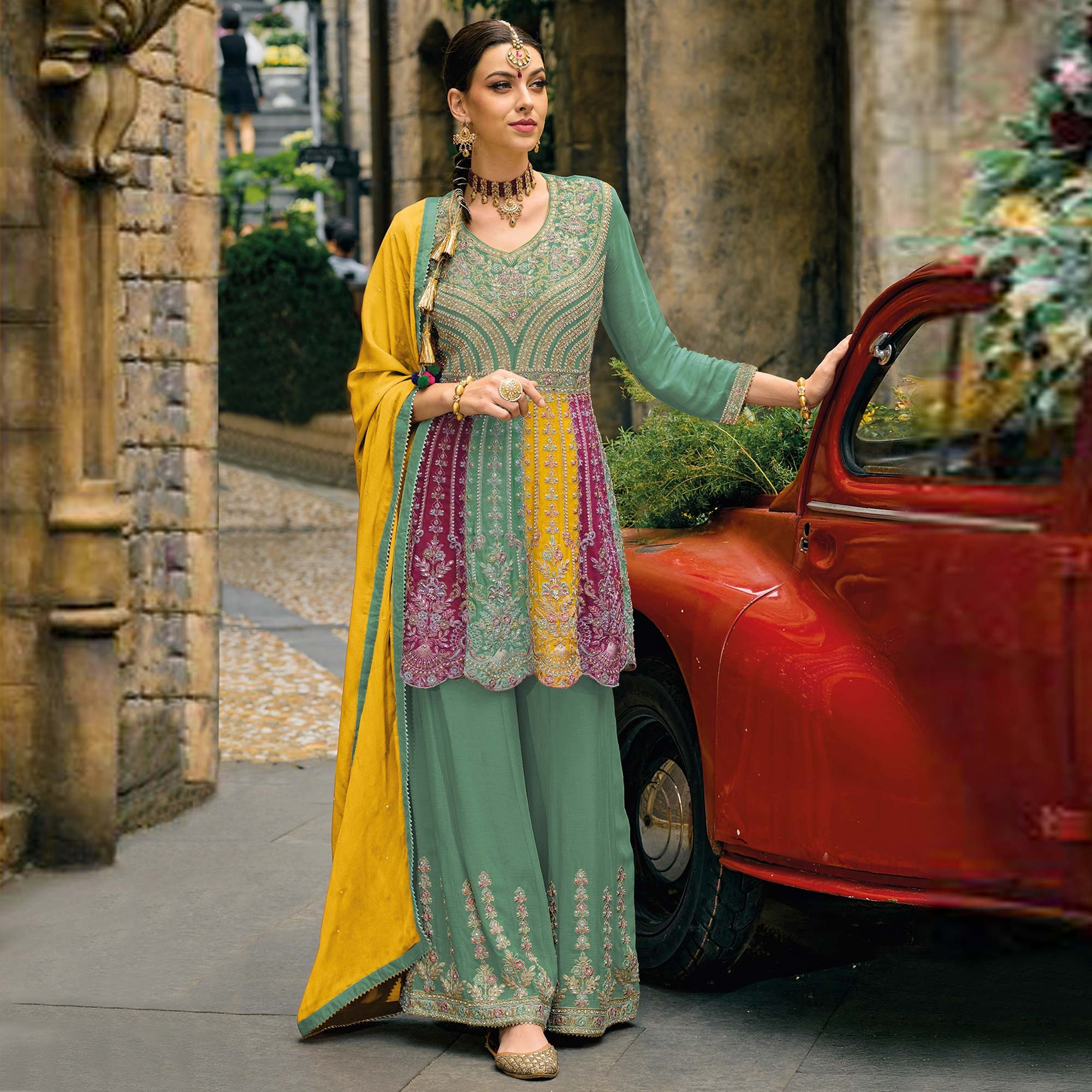 Green Embroidered Chinon Semi Stitched Sharara Suit