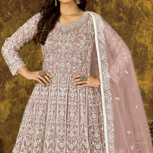 Mauve Floral Embroidered Net Semi Stitched Anarkali Suit