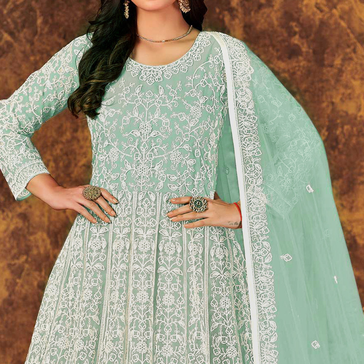 Green Floral Embroidered Net Semi Stitched Anarkali Suit