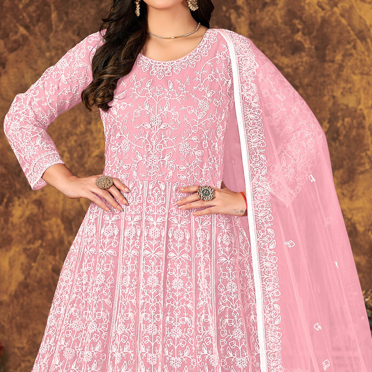 Pink Floral Embroidered Net Semi Stitched Anarkali Suit
