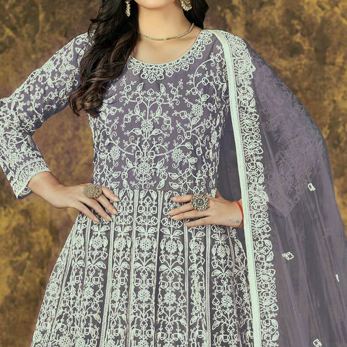 Purple Floral Embroidered Net Semi Stitched Anarkali Suit