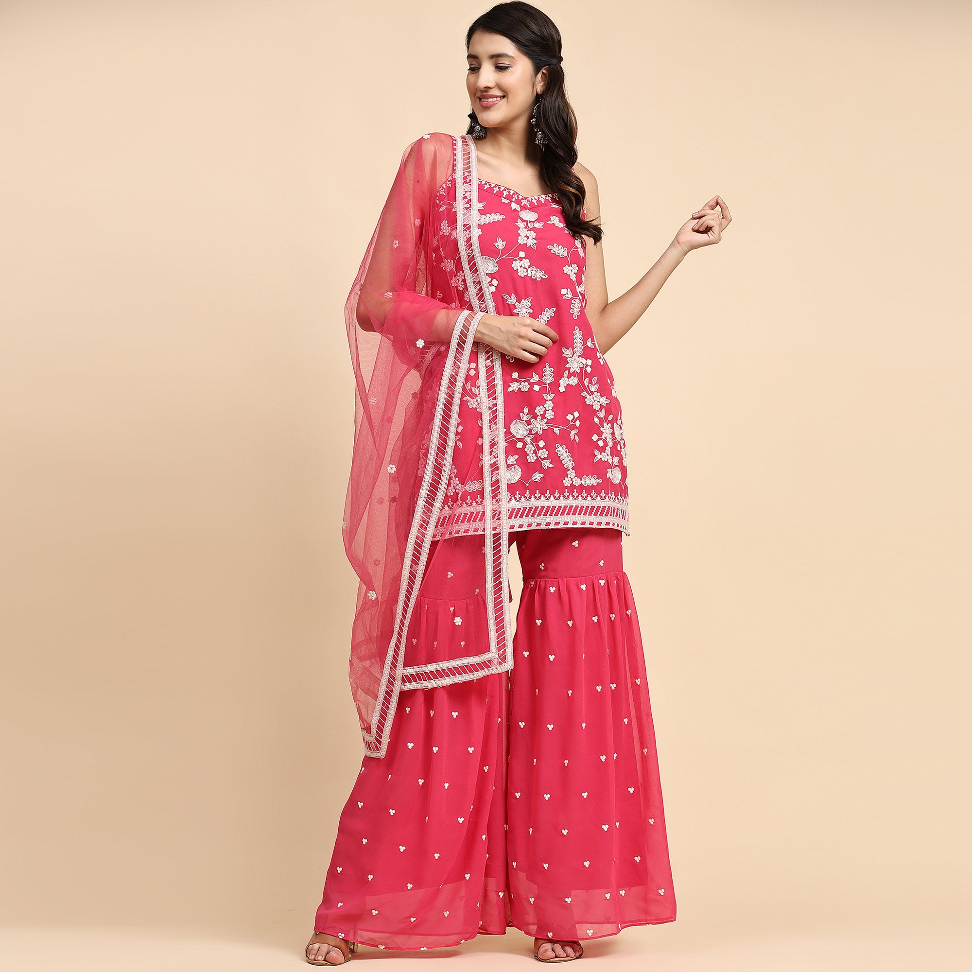 Pink Floral Sequins Embroidered Georgette Semi Stitched Suit