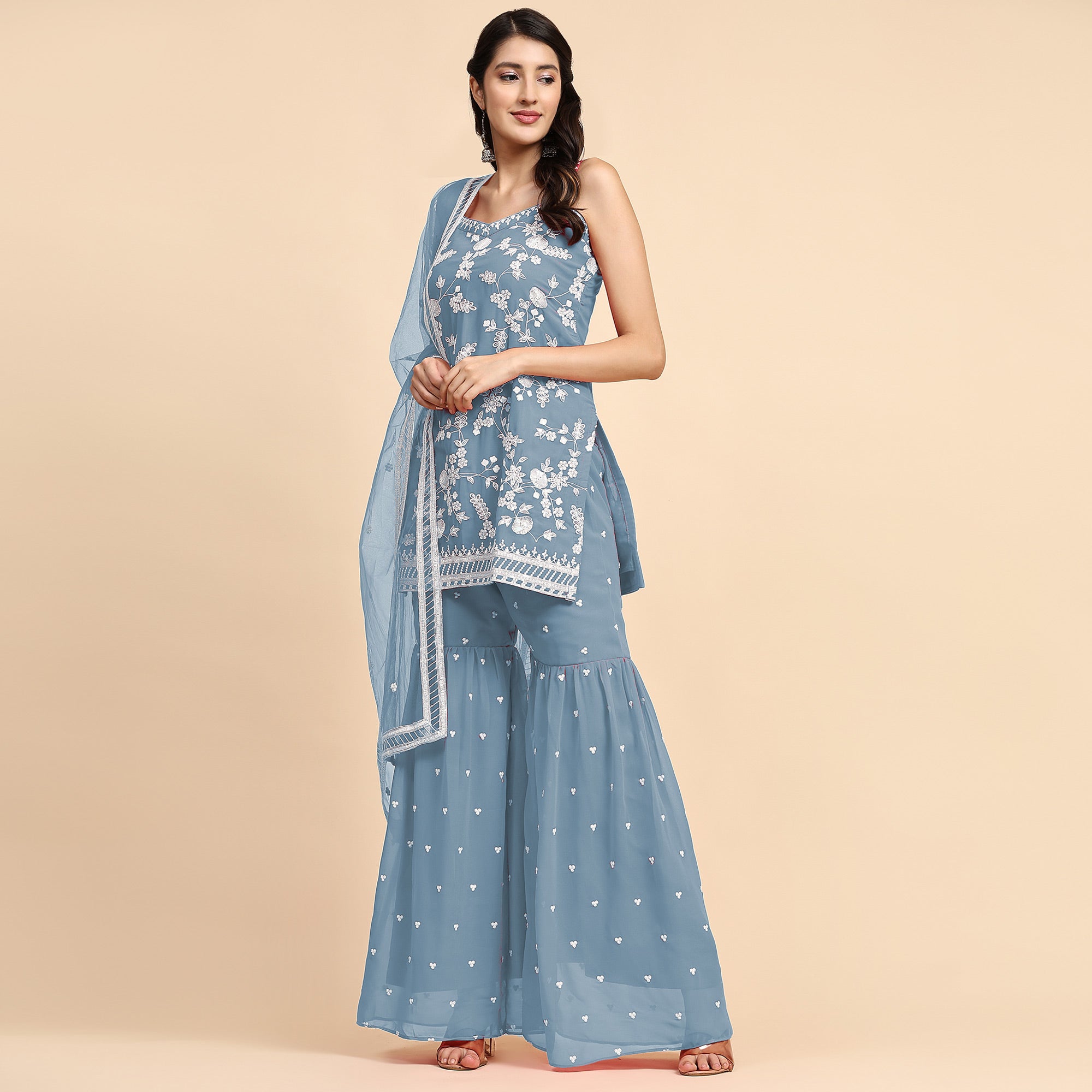 Sky Blue Floral Sequins Embroidered Georgette Semi Stitched Suit
