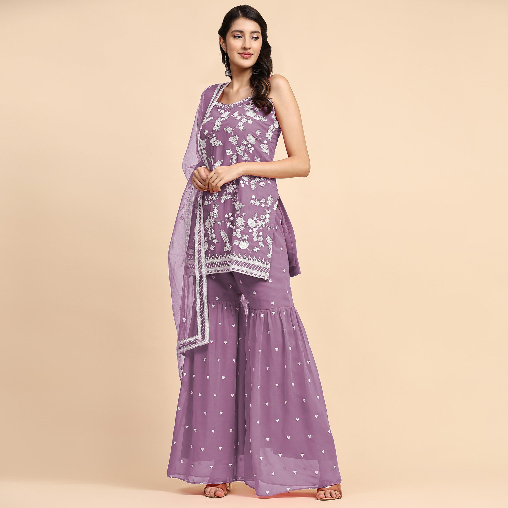 Purple Floral Sequins Embroidered Georgette Semi Stitched Suit