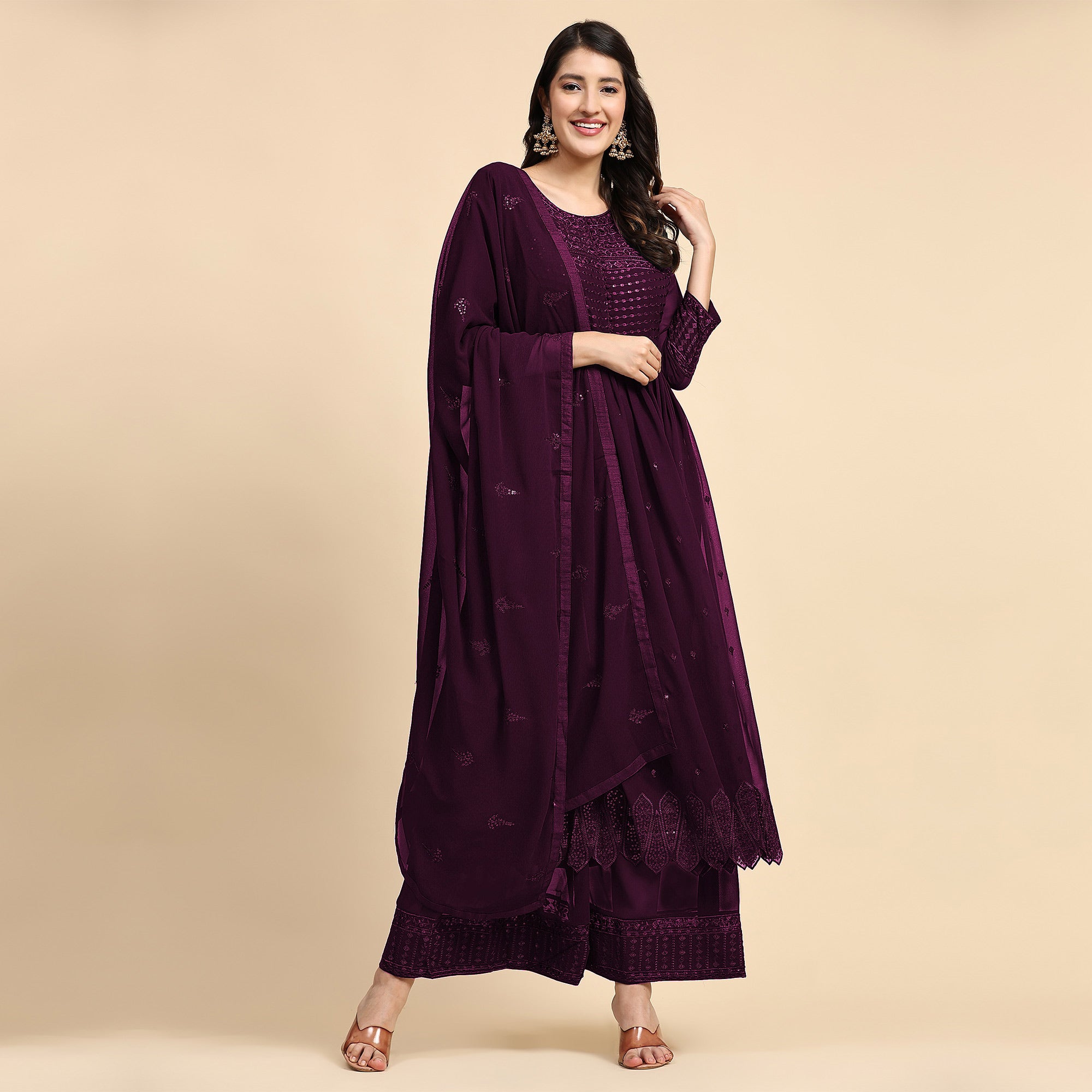Wine Sequins Embroidered Georgette Semi Stitched Suit
