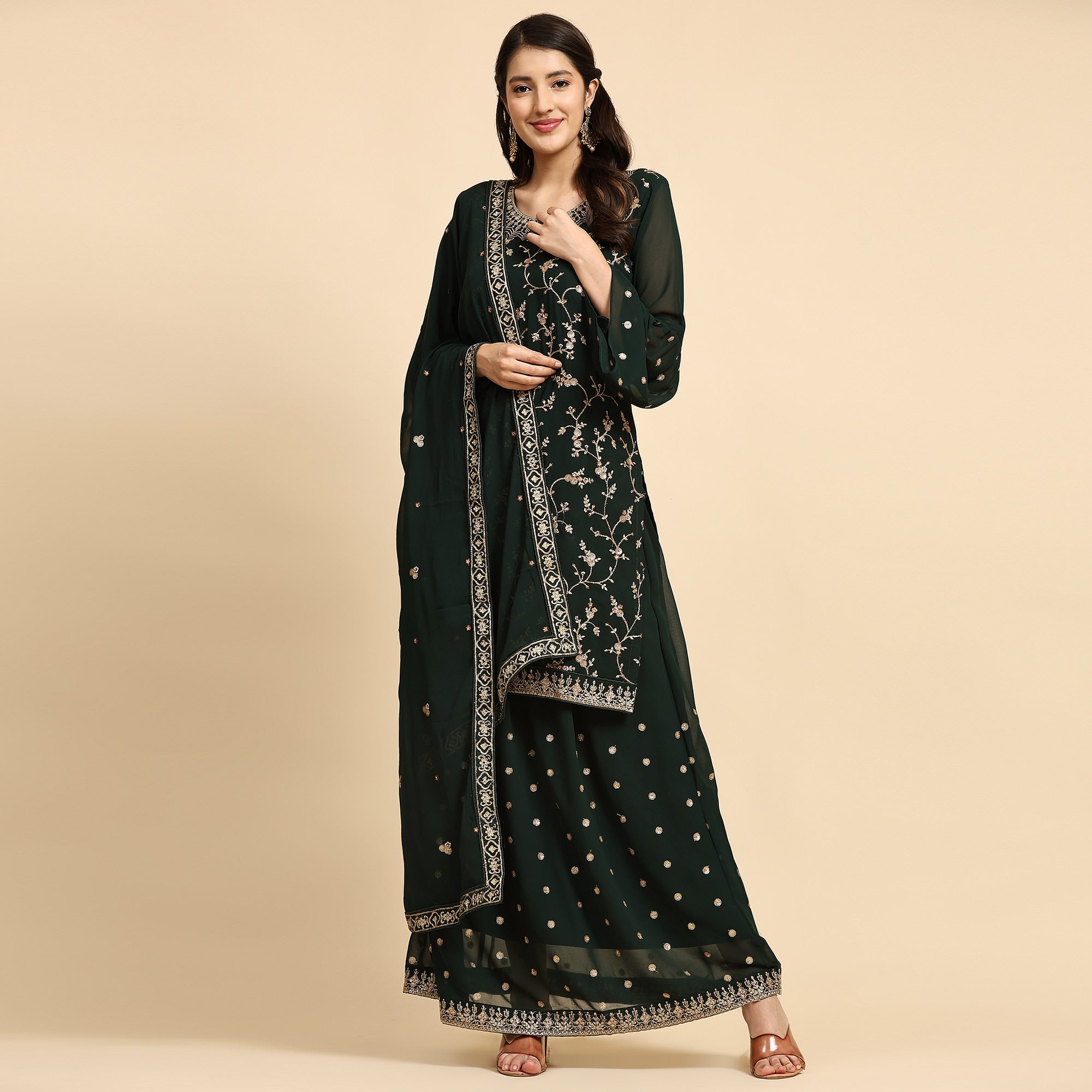 Green Floral Embroidered Georgette Semi Stitched Suit
