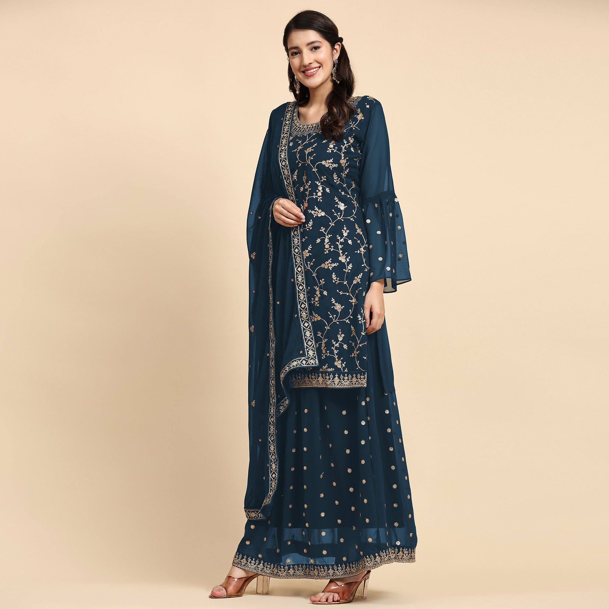 Blue Floral Embroidered Georgette Semi Stiched Suit