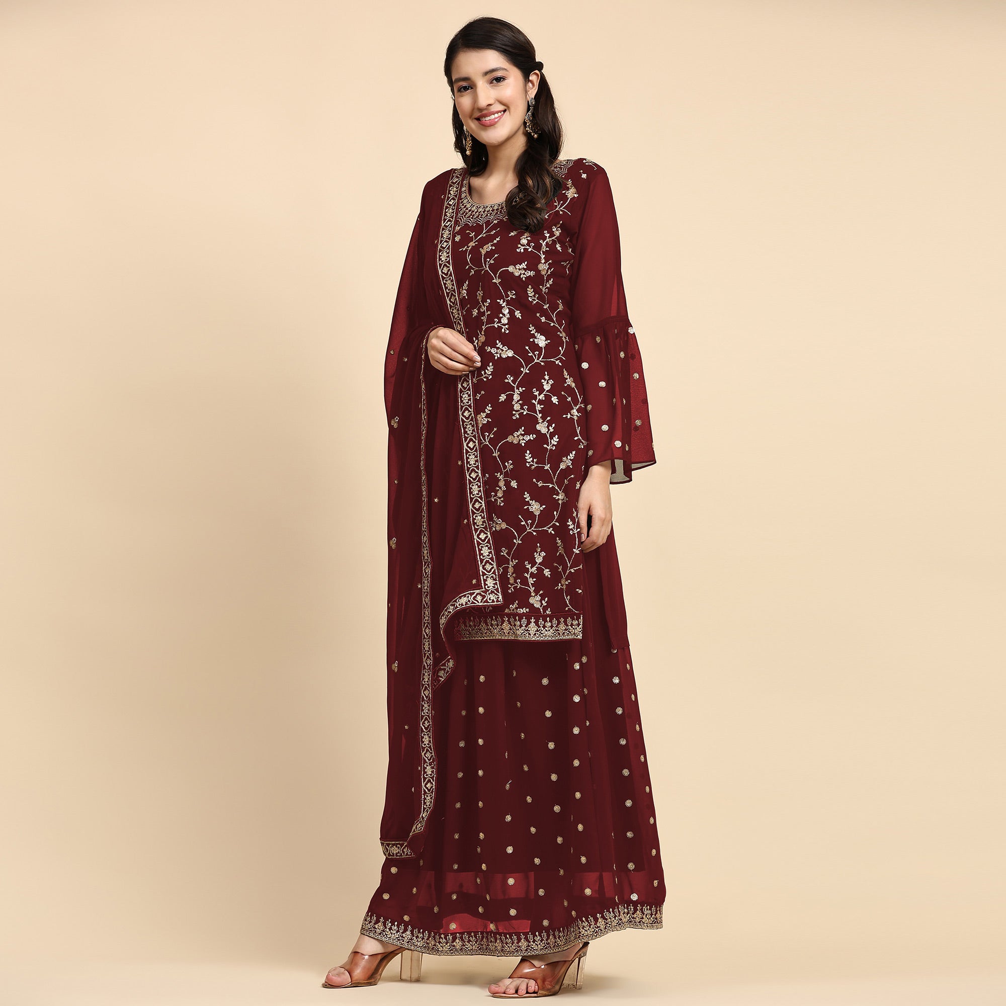 Maroon Floral Embroidered Georgette Semi Stitched Suit