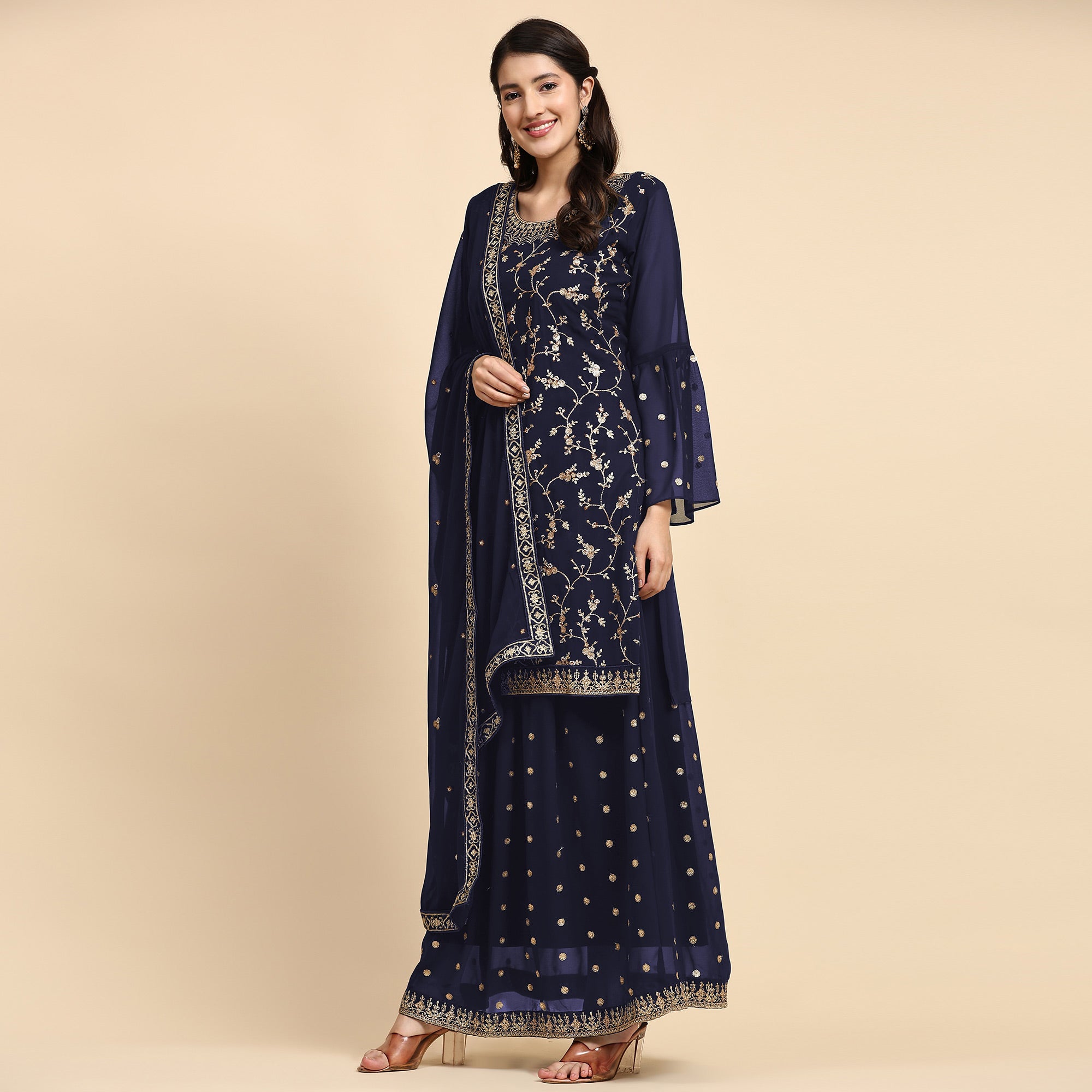 Navy Blue Floral Embroidered Georgette Semi Stitched Suit