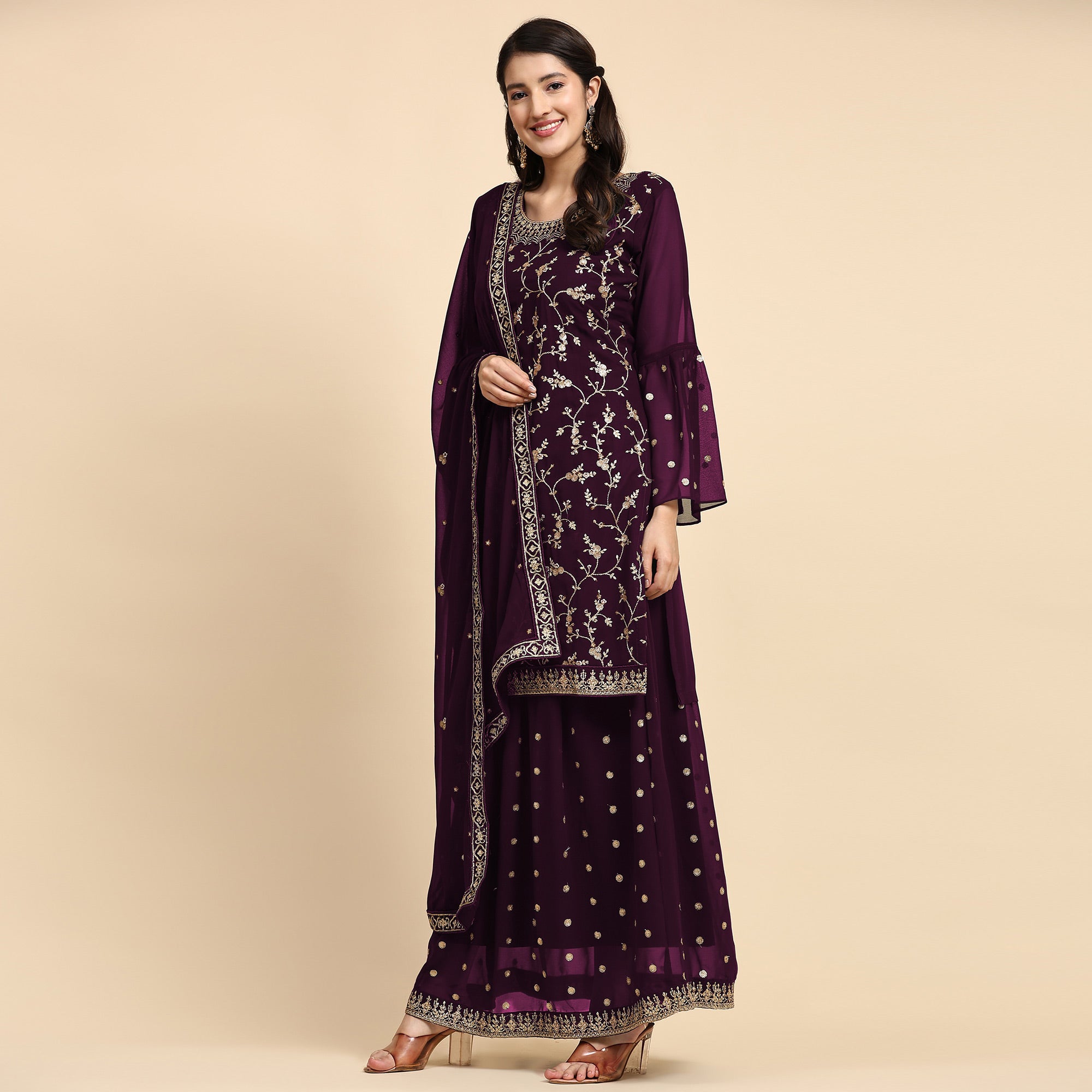 Purple Floral Embroidered Georgette Semi Stitched Suit