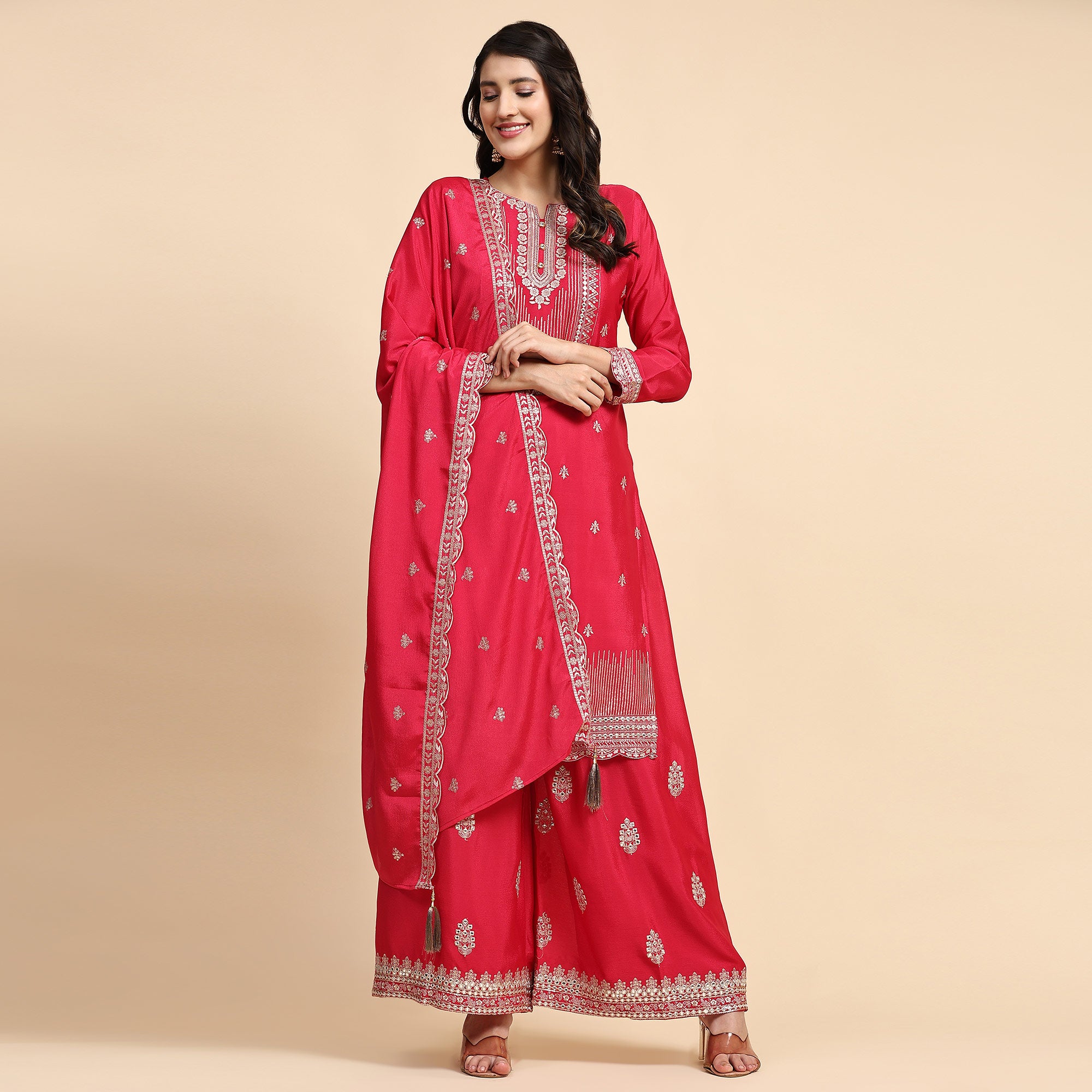 Pink Embroidered Chinon Semi Stitched Suit