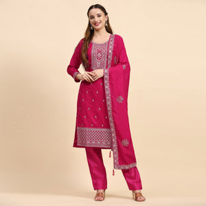 Pink Embroidered Dola Silk Straight Semi Stitched Suit