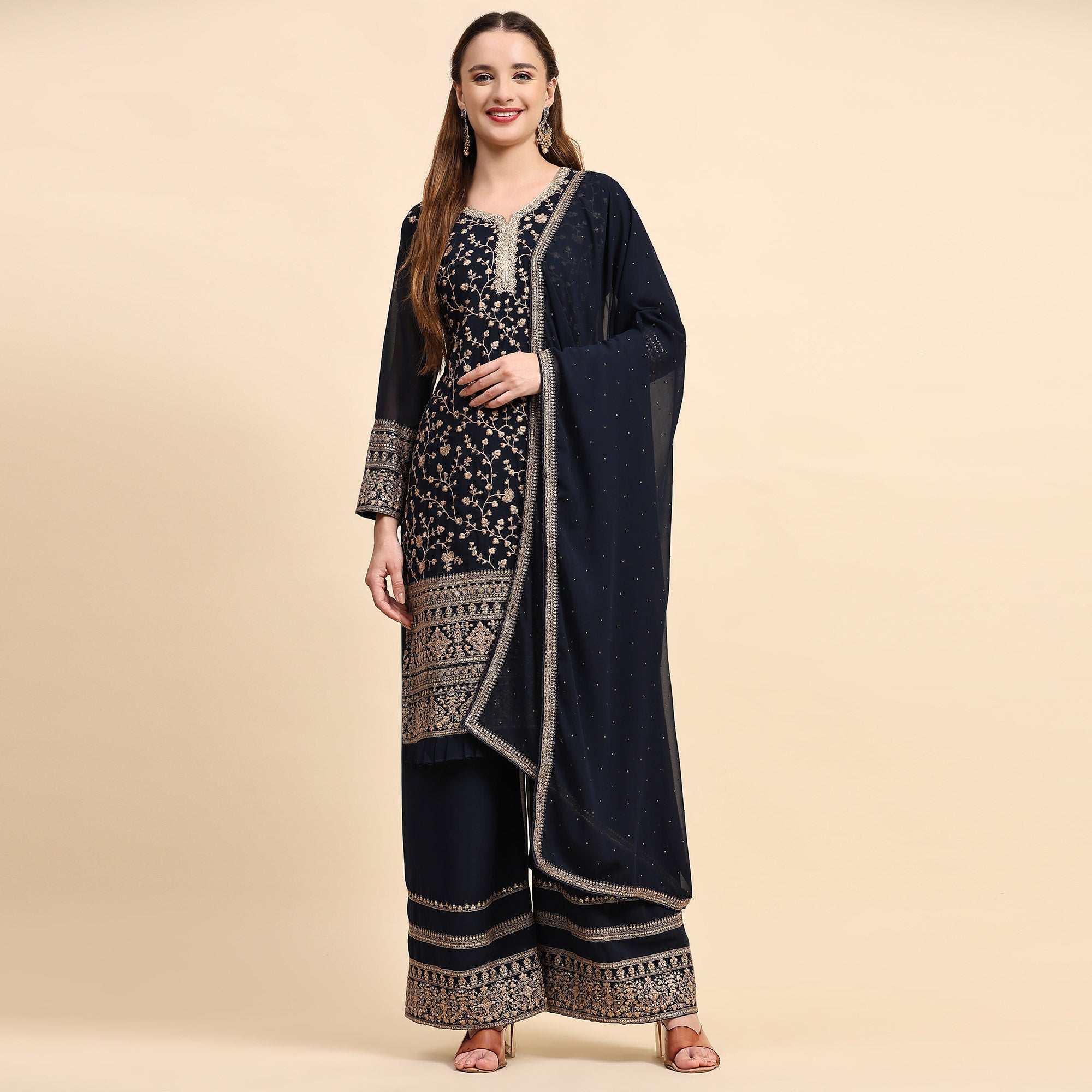 Navy Blue Embroidered Georgette Semi Stitched Suit