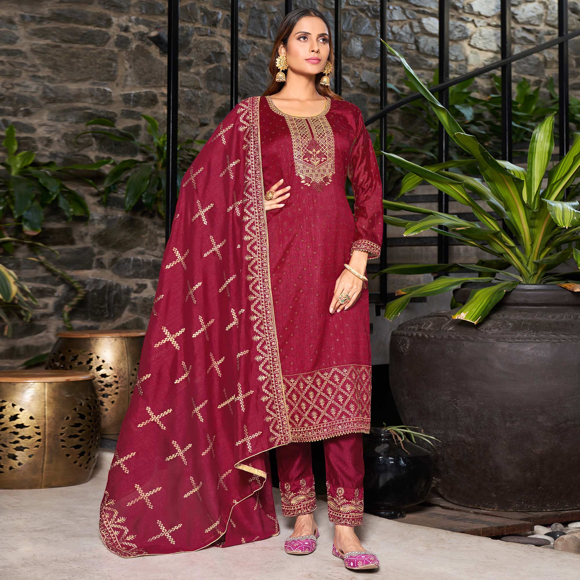 Red Embroidered Vichitra Silk Semi Stitched Salwar Suit