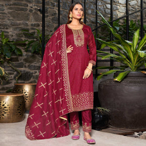 Red Embroidered Vichitra Silk Semi Stitched Salwar Suit