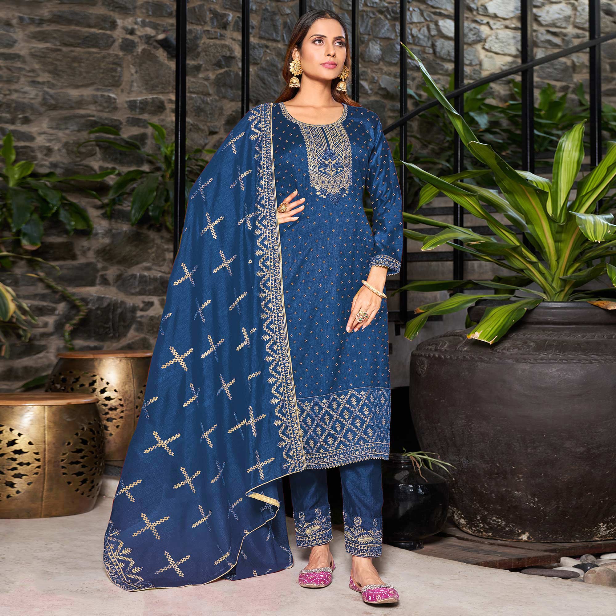 Blue Embroidered Vichitra Silk Semi Stitched Salwar Suit