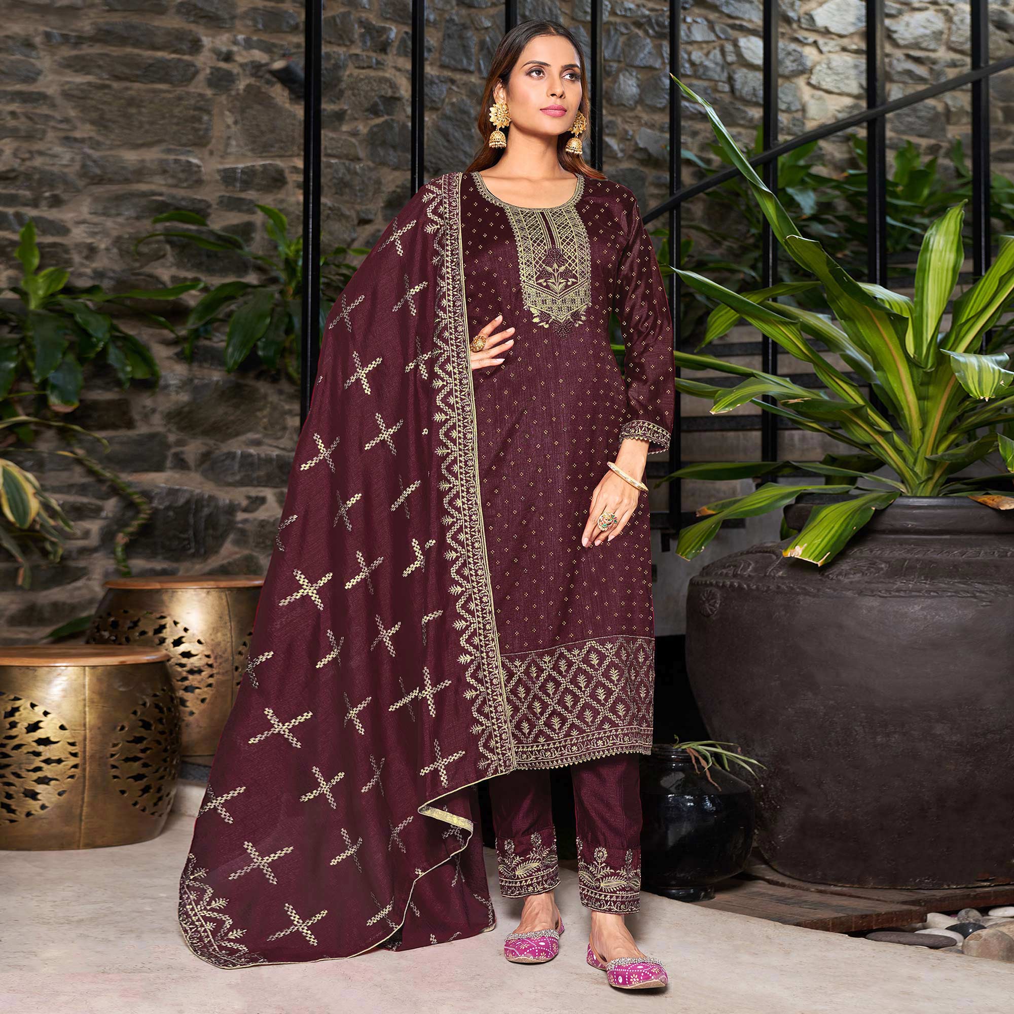 Wine Embroidered Vichitra Silk Semi Stitched Salwar Suit