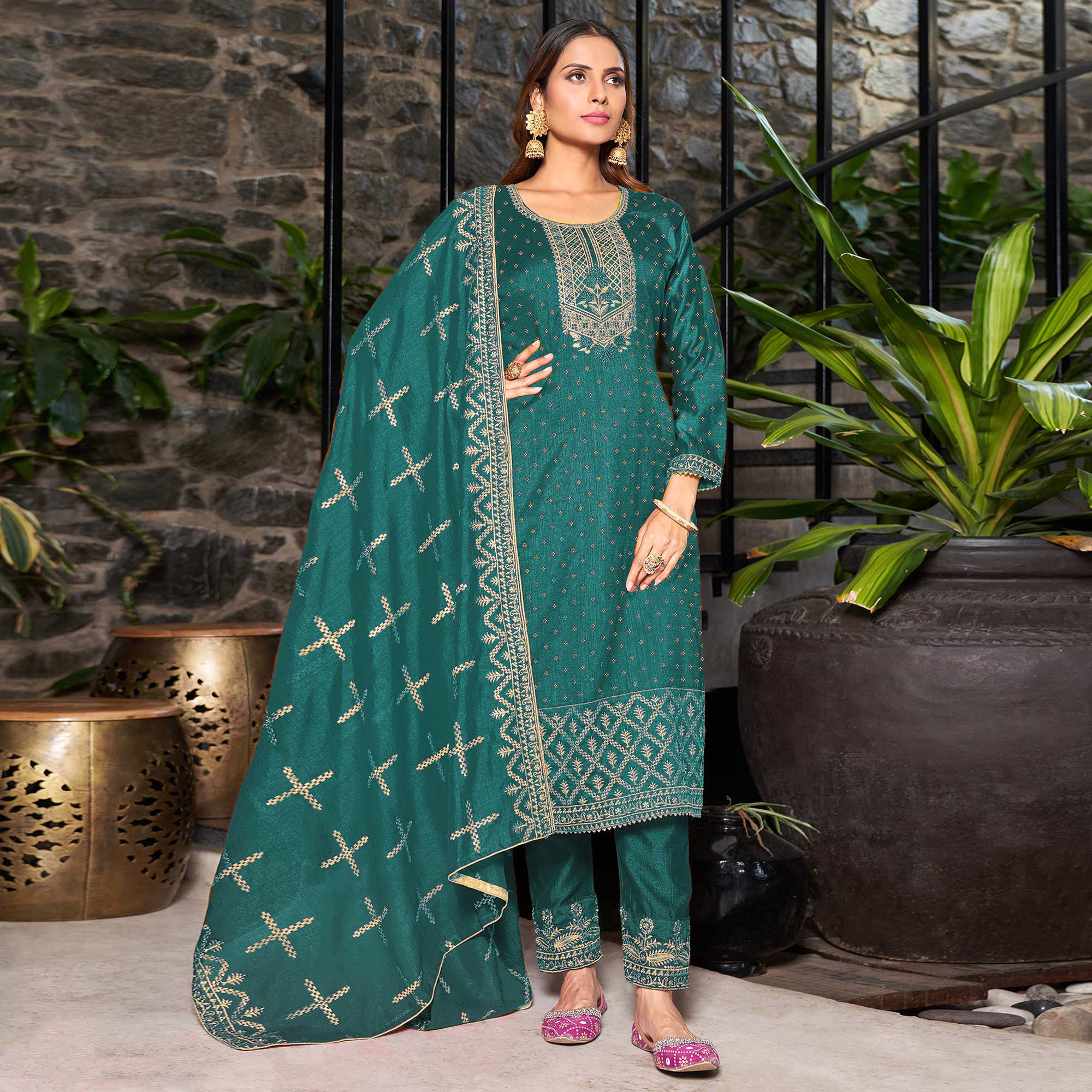 Green Embroidered Vichitra Silk Semi Stitched Salwar Suit