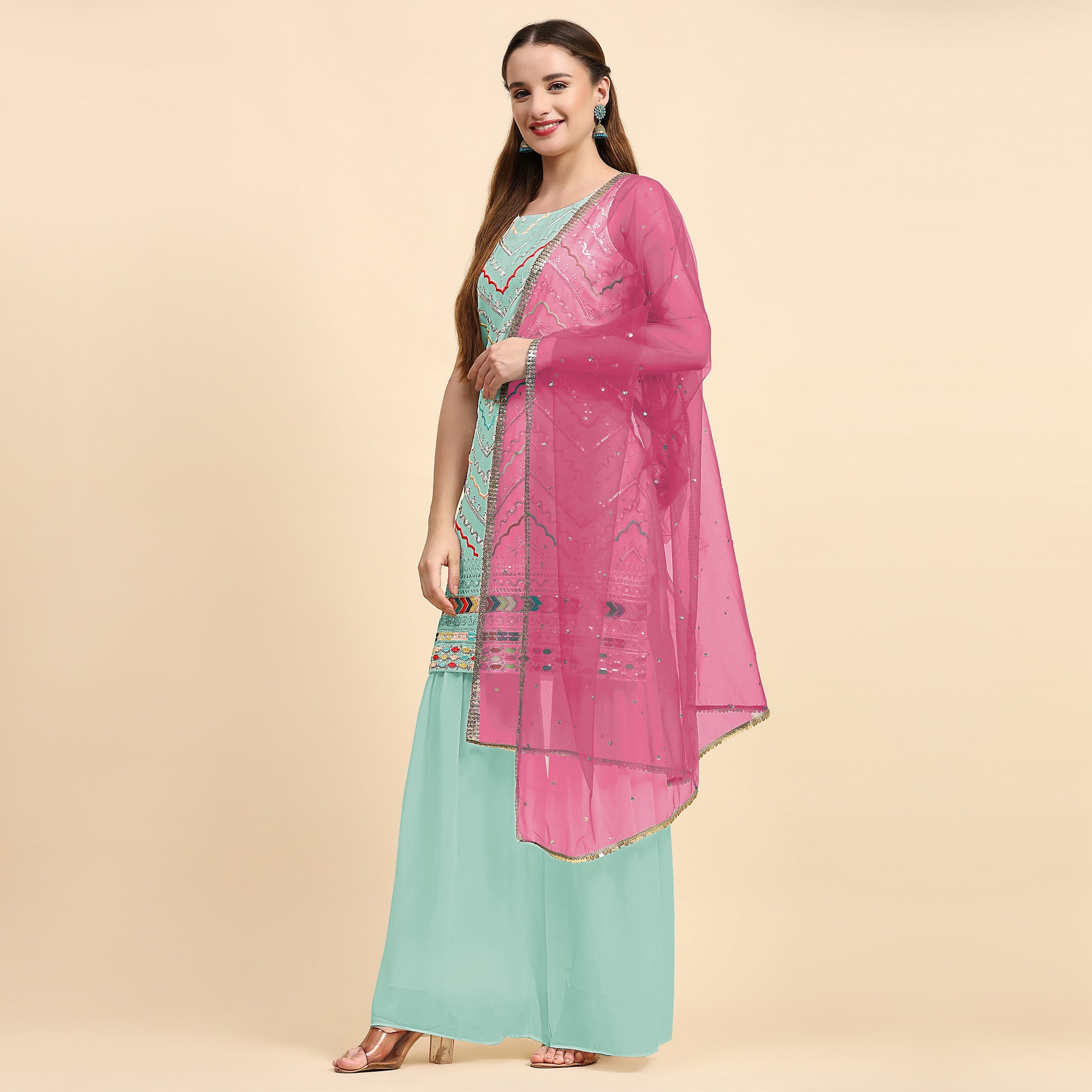 Blue Sequins Embroidered Georgette Semi Stitched Suit
