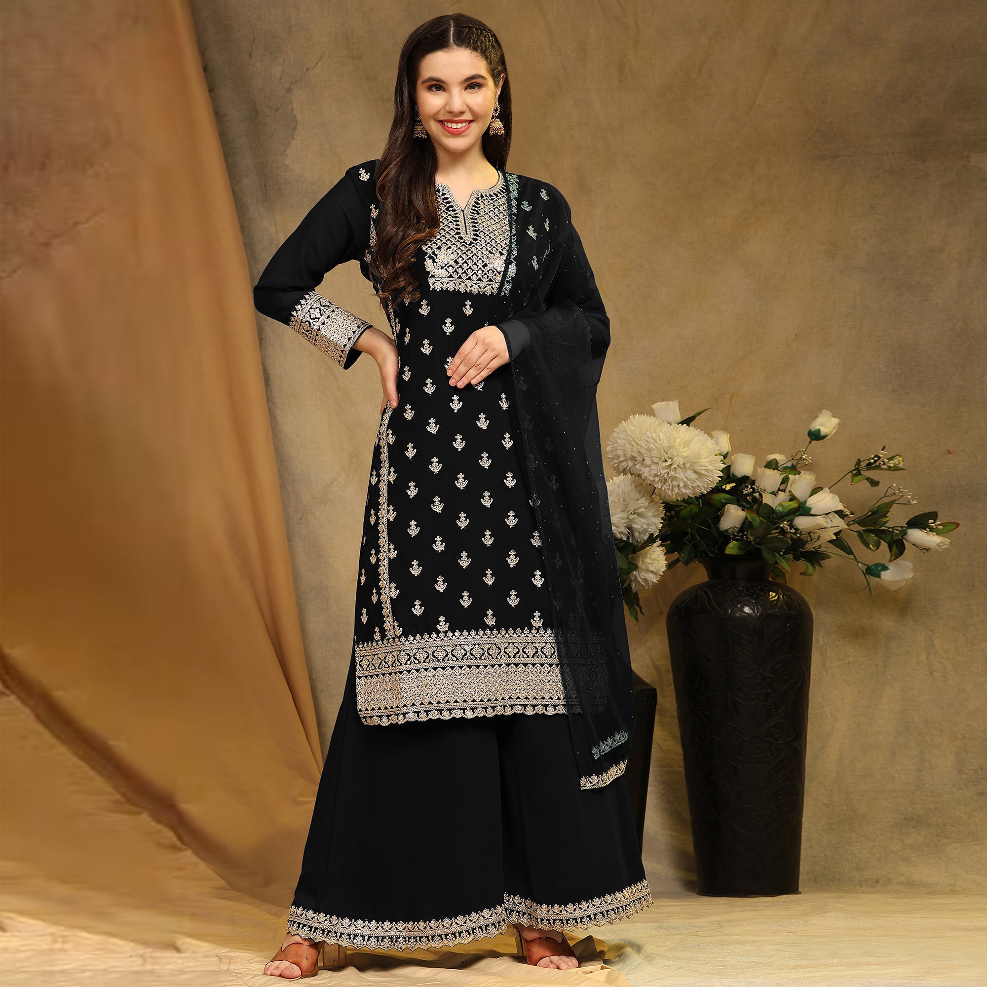 Black Floral Embroidered Georgette Semi Stitched Suit